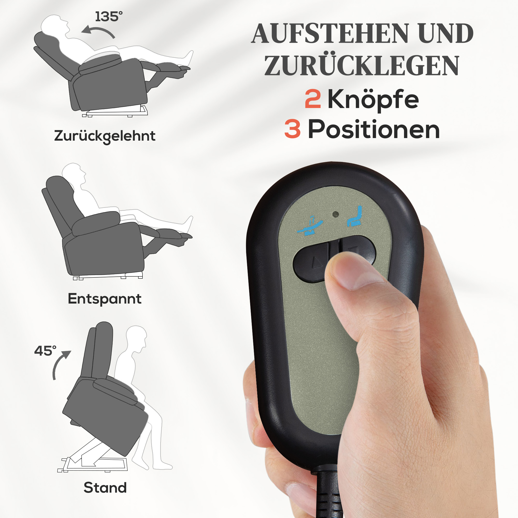 Elektrischer Power Lift Aufsteh-Sessel mit Massage- und Wärmefunktion, USB-Anschlüssen, Becherhaltern, Dunkelgrau