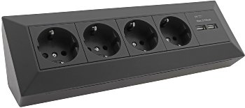 4-fach Steckdosenblock + 2x USB, schwarz, 250V~/ 16A, Aufbaumontage, USB 3,1A