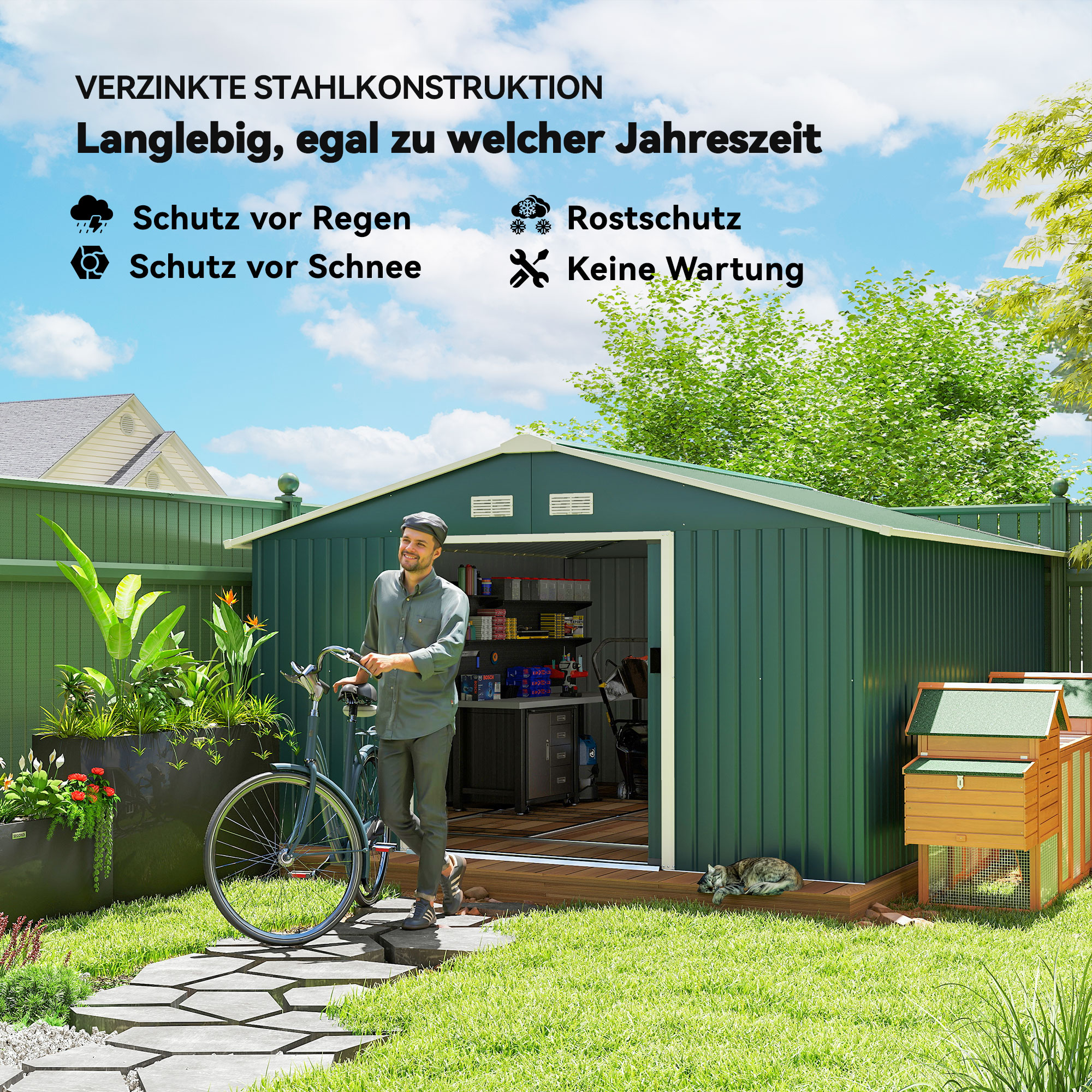 Geräteschuppen, Wetterfestes Gartenhaus für Gartengeräte, mit Belüftungsfenstern, Schiebetüren, Stahl, Dunkelgrün