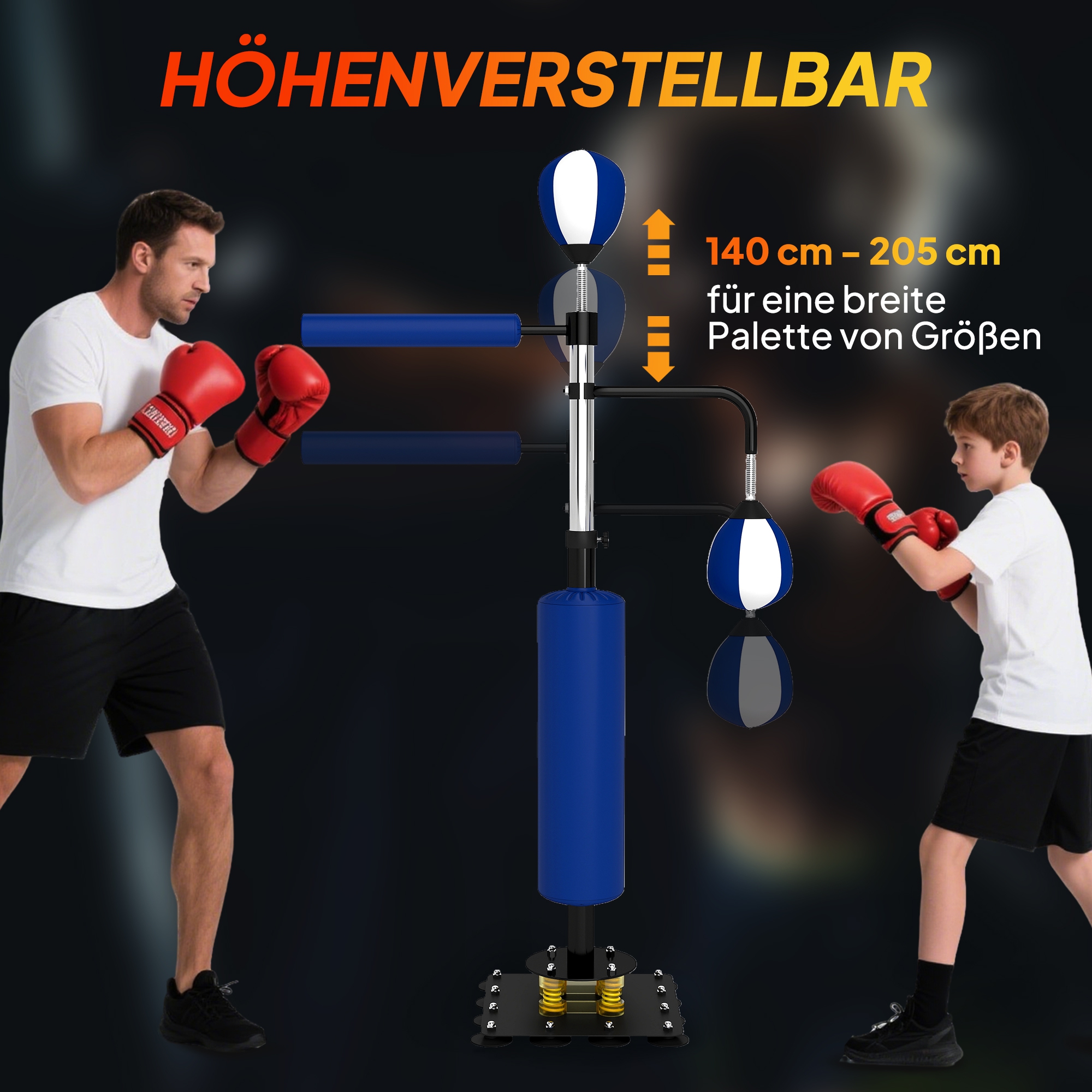 Boxstand, zwei Speedballs, drehbare Boxstange, Kickpolster, höhenverstellbar, Stahl, 107 x 36 x 140-205 cm, Blau