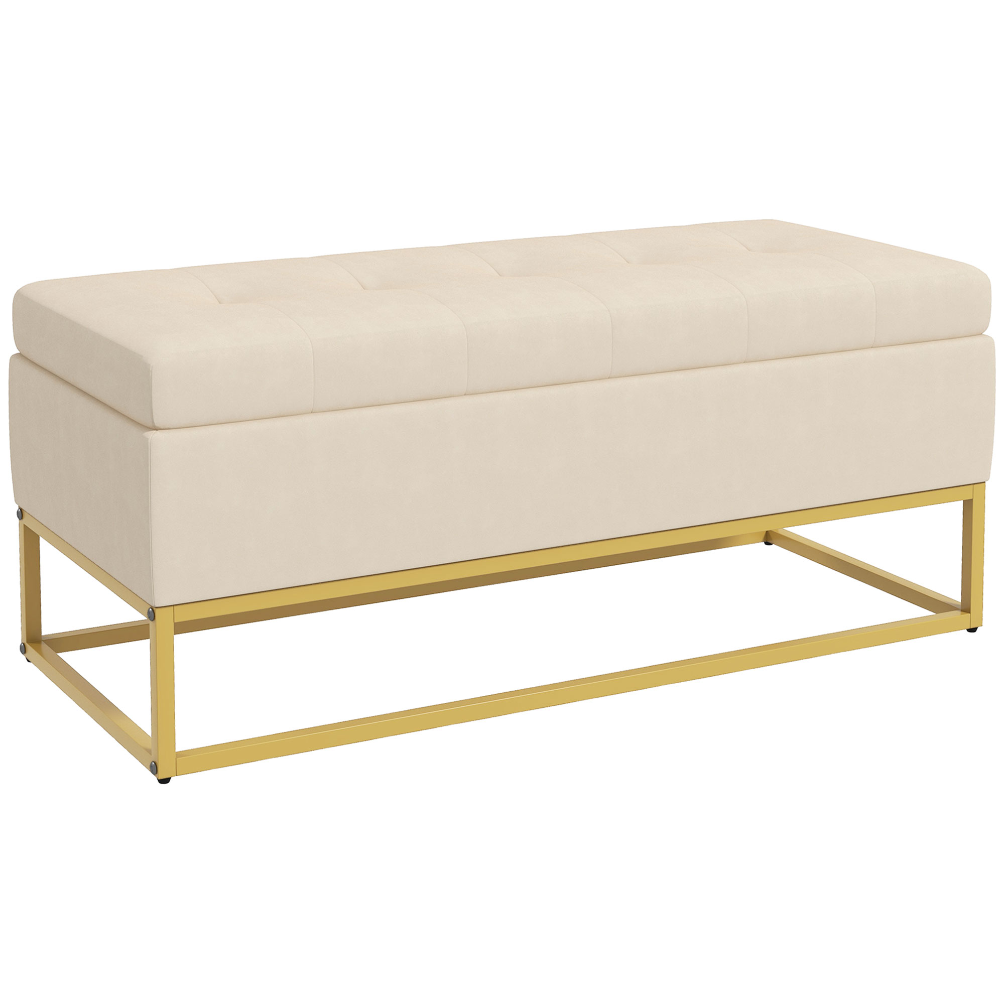 Sitzbank mit Stauraum, dekorative Knopfheftung, Flanelloptik, goldfarbene Stahlbeine, 110 x 47 x 46,5 cm