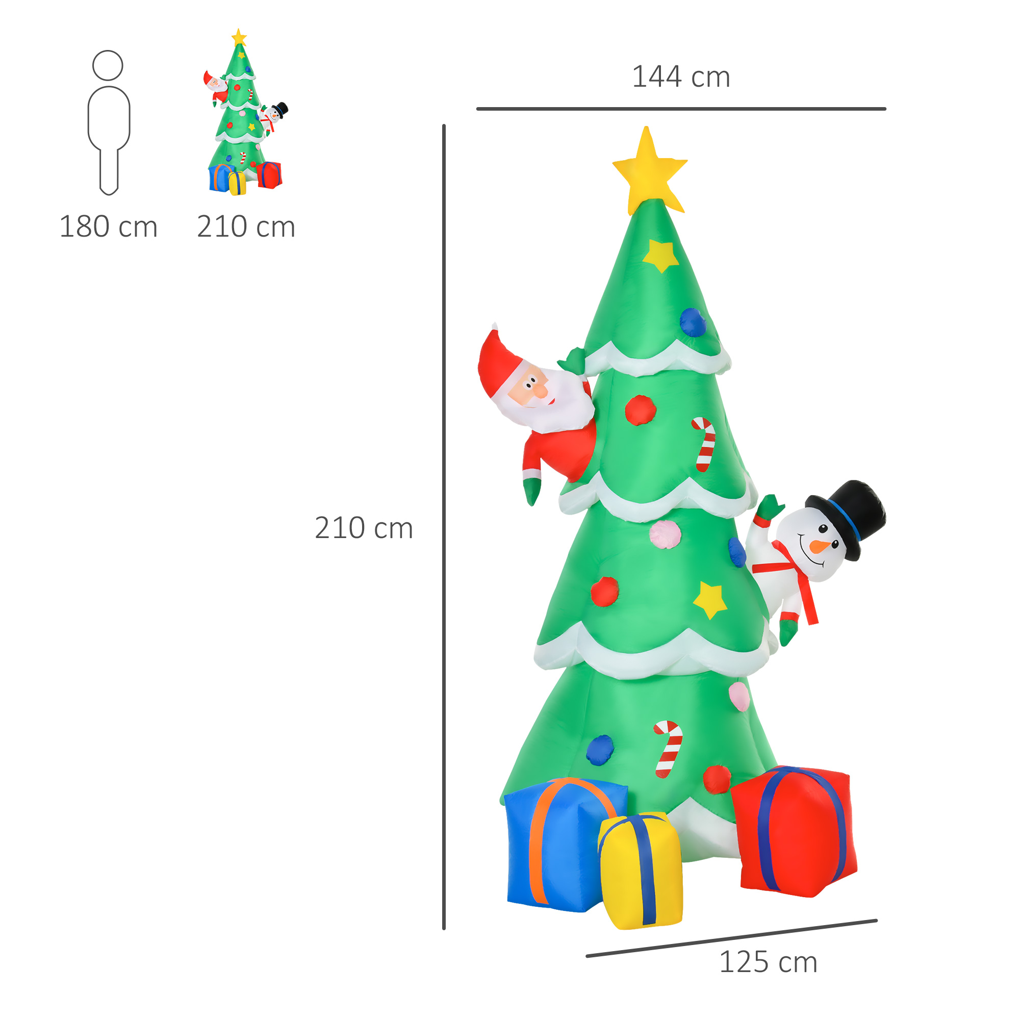 Aufblasbarer Weihnachtsbaum mit Weihnachtsmann Schneemann und Geschenkbox 210 cm Weihnachtsbeleuchtung LED Selbstaufblasend Polyester Grün 144 x 125 x 210 cm