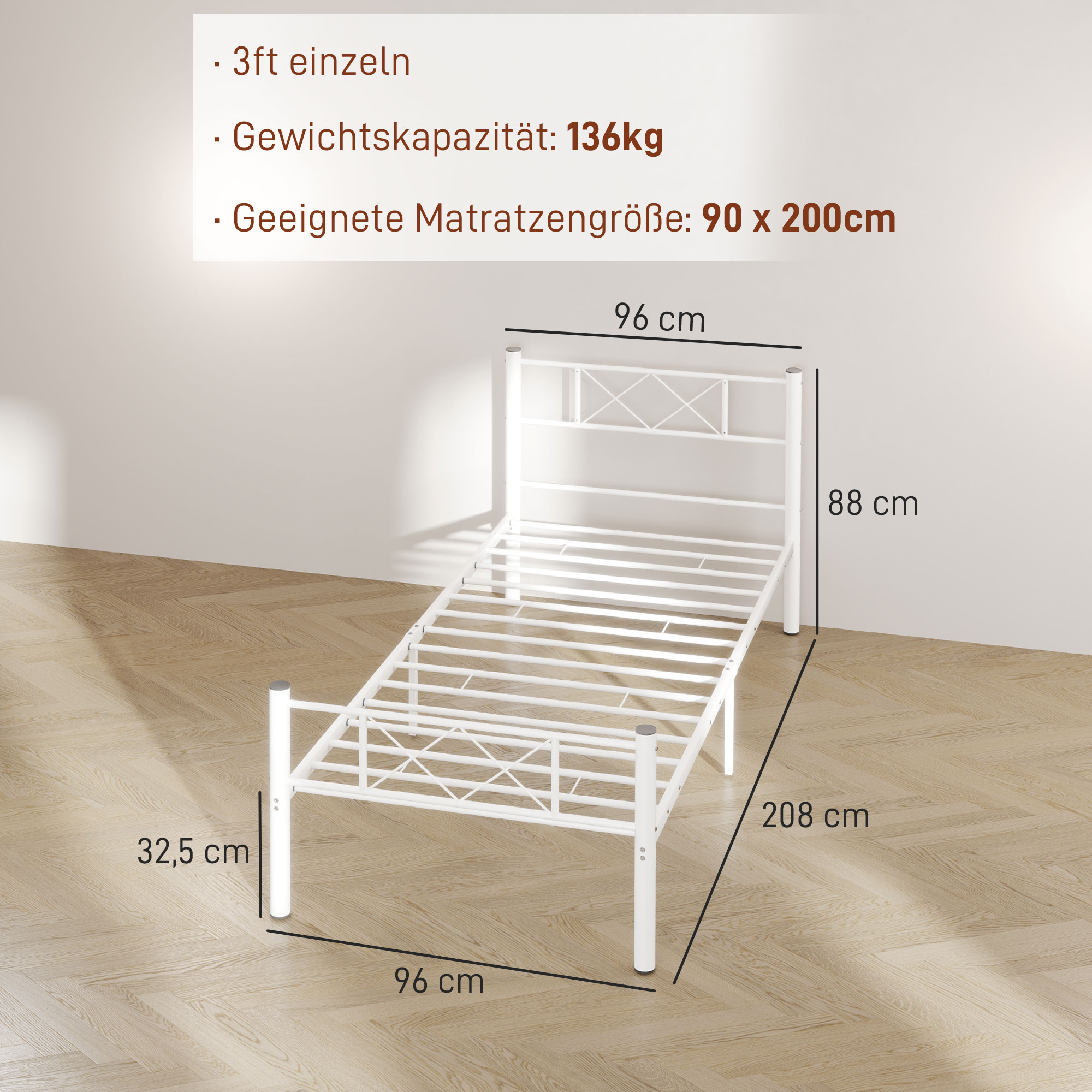 Einzelbettgestell mit hohem Kopfteil, Leichte Montage, Stauraum unter dem Bett, Stahl, Weiß