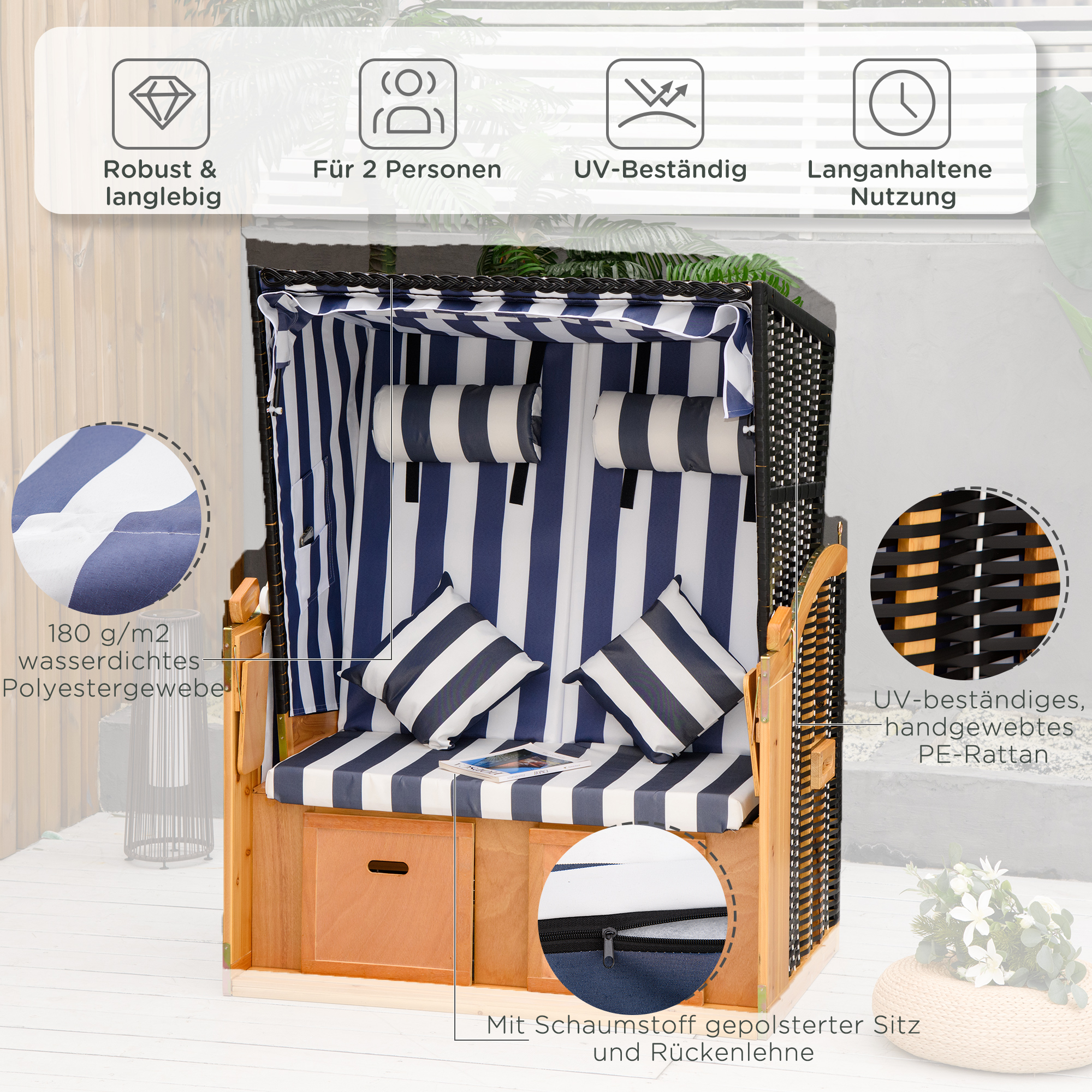 Strandkorb, doppelte Sonnenliege mit Dach, inkl. 1Klapptisch, Blau