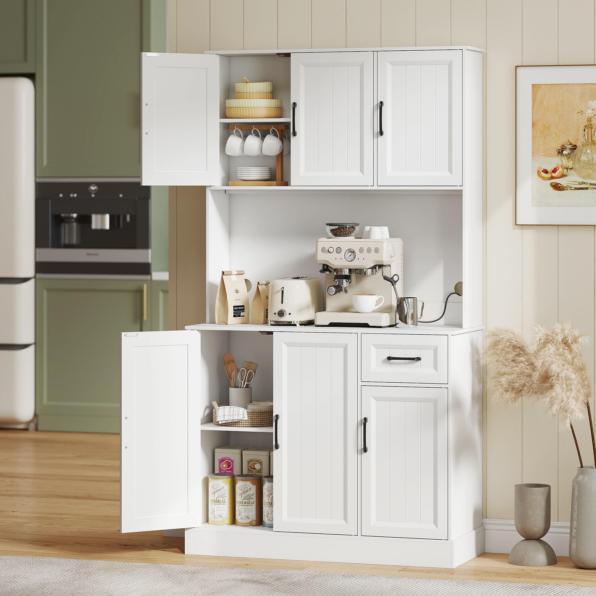 Küchenschrank, 180,5 cm, Vorratsschrank, Arbeitsfläche, Kabelloch, verstellbare Regale, MDF, Weiß