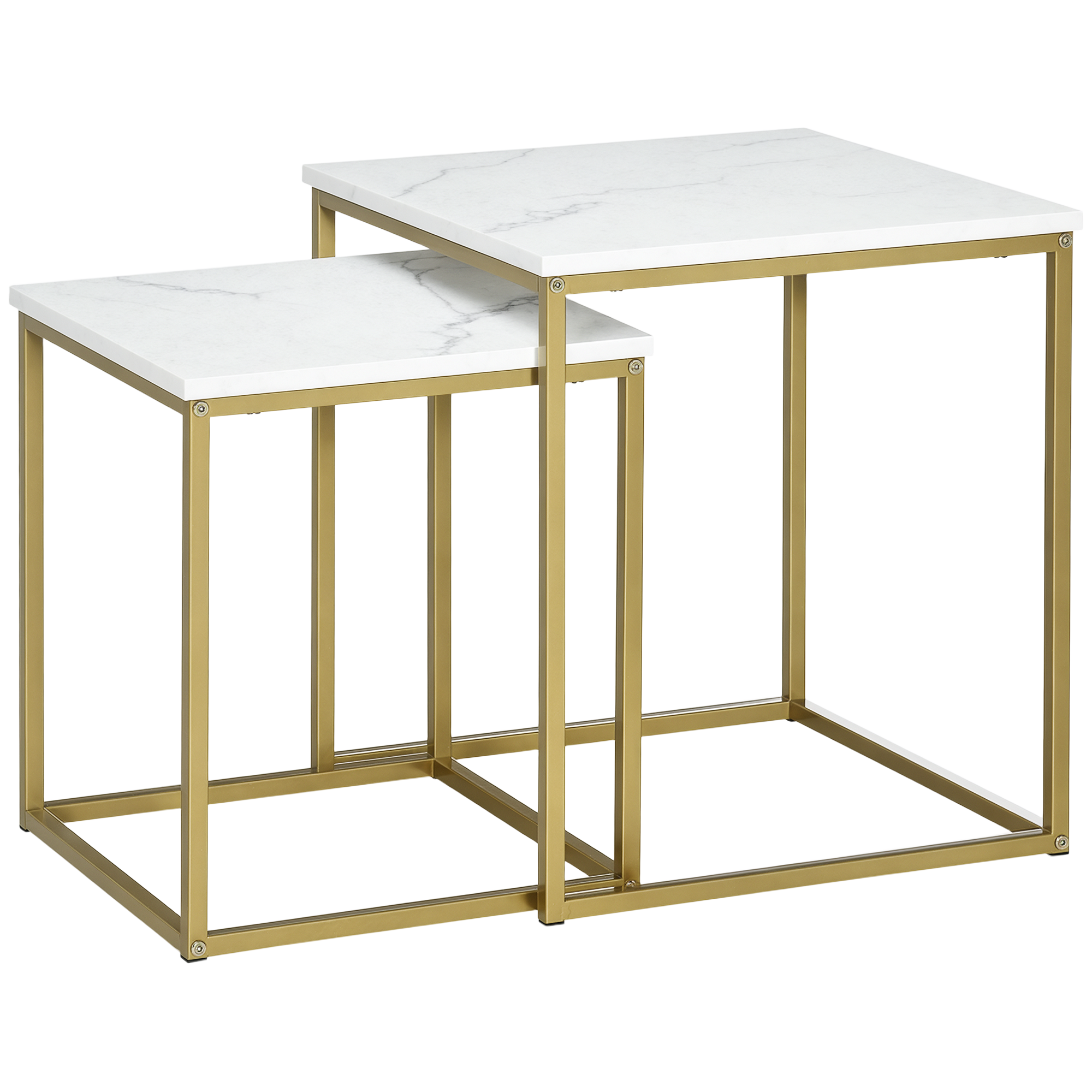 2er-Set Beistelltische, stapelbare Beistelltische, Tischplatte in Marmoroptik, Gold + Weiß