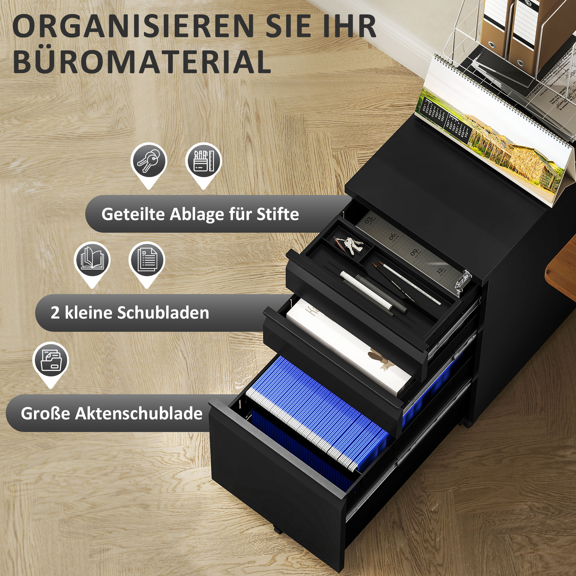 Aktenschrank aus Metall, Büroschrank, 3 Schubladen, rollbar, Schwarz