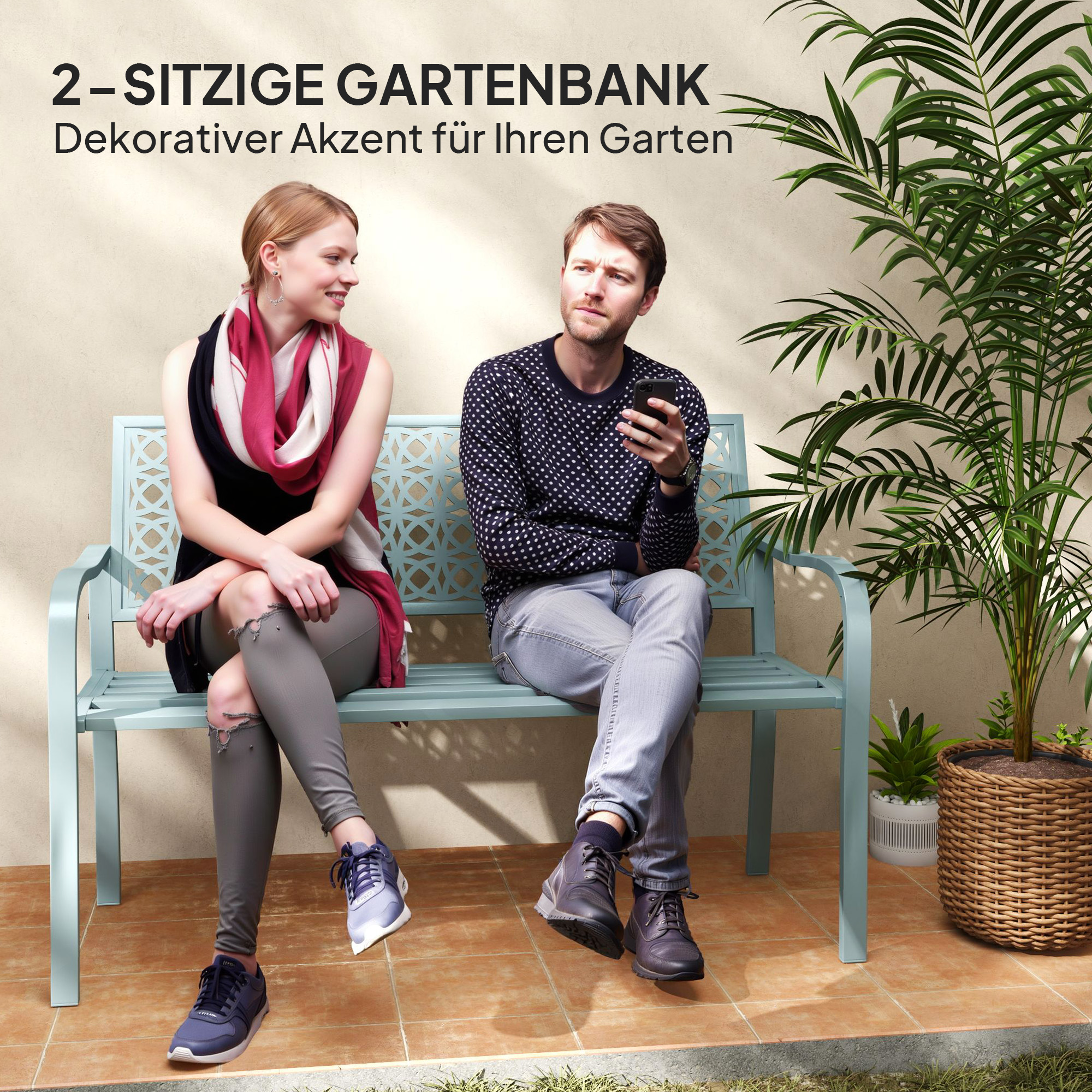 Außenbank, Gartenbank aus Stahl, Ausgeschnittene Rückenlehne, Armlehnen, für 2 Personen, Blau