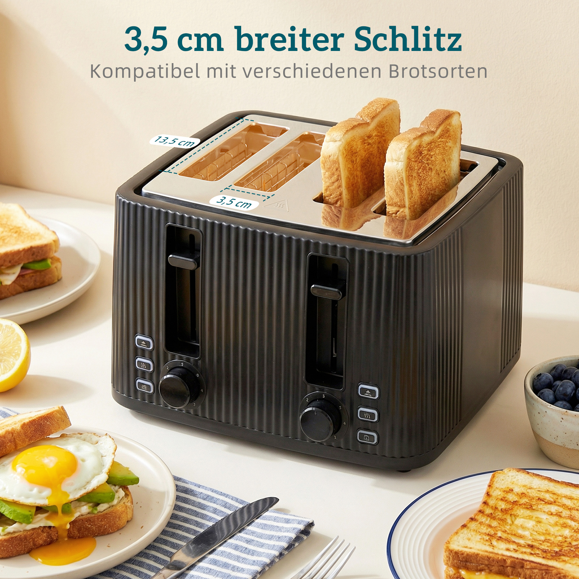 1,7L Schnellkoch-Wasserkocher und 4-Scheiben-Toaster-Set, Eierkocher für 6 Eier mit Kontrollleuchte Schwarz