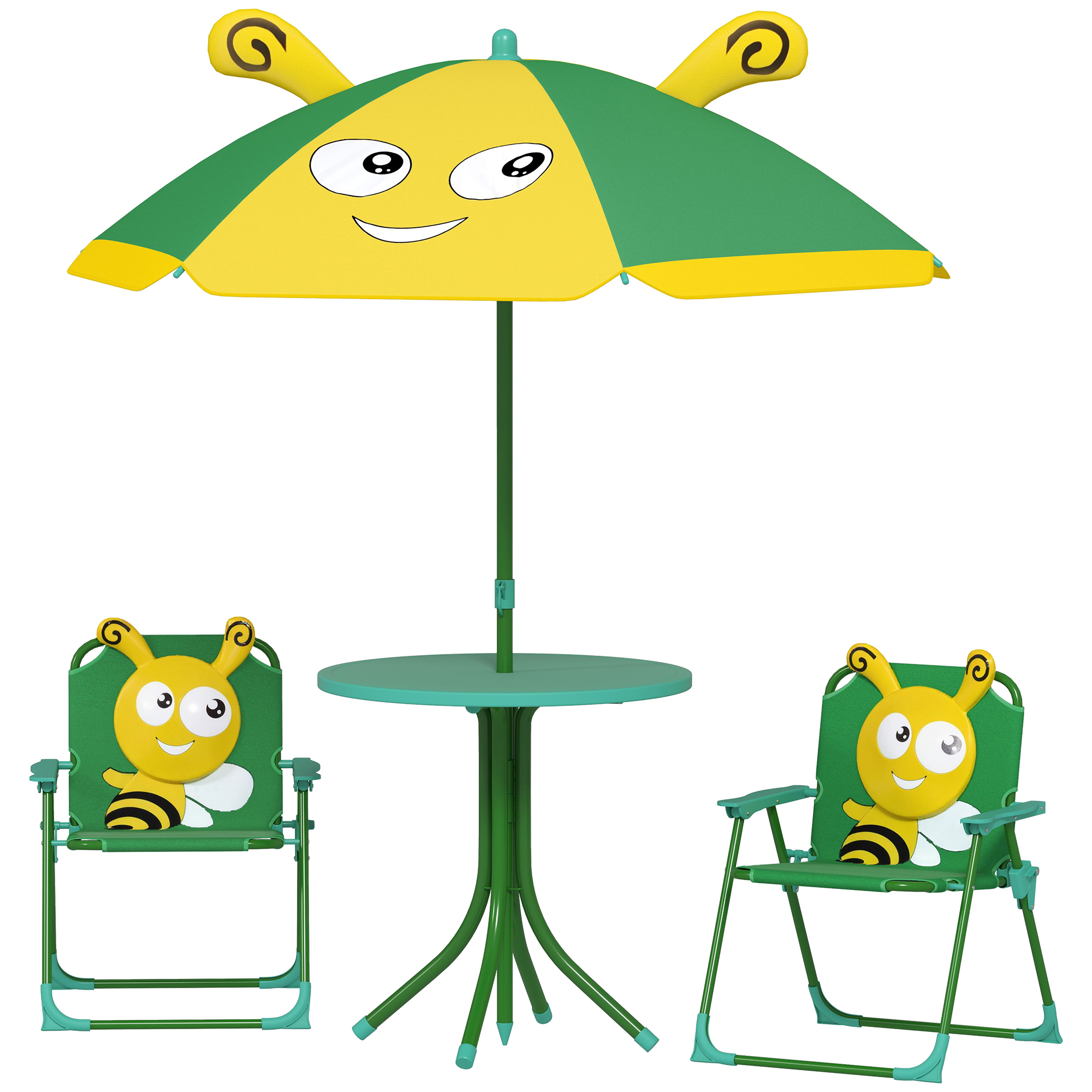 Gartenmöbel-Set für Kinder, Stühle, Tisch, Sonnenschirm, Bienen-Design, Grün+Gelb Gartenmöbel-Set für Kinder, Stühle, Tisch, Sonnenschirm, Bienen-Design, Grün+Gelb