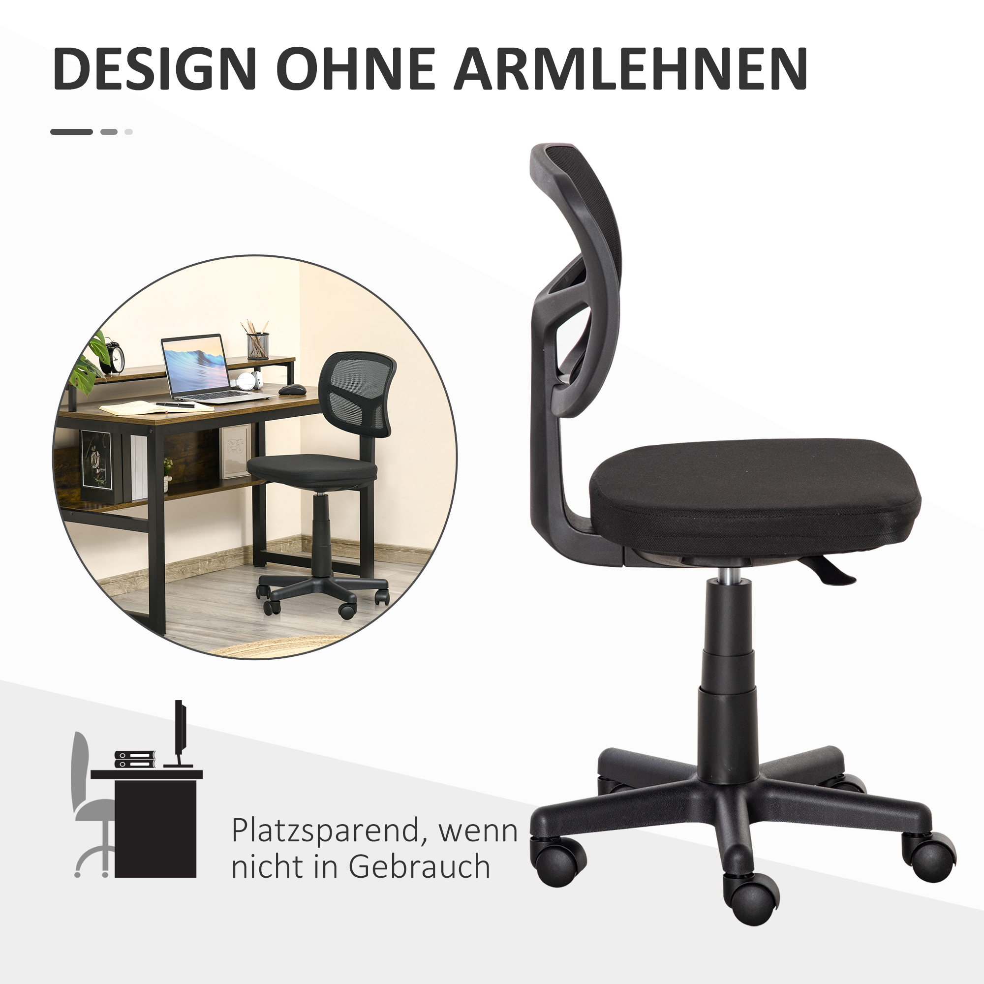 Bürostuhl Ergonomischer Schreibtischstuhl, Höhenverstellbarer Drehstuhl, Platzsparend Schwarz