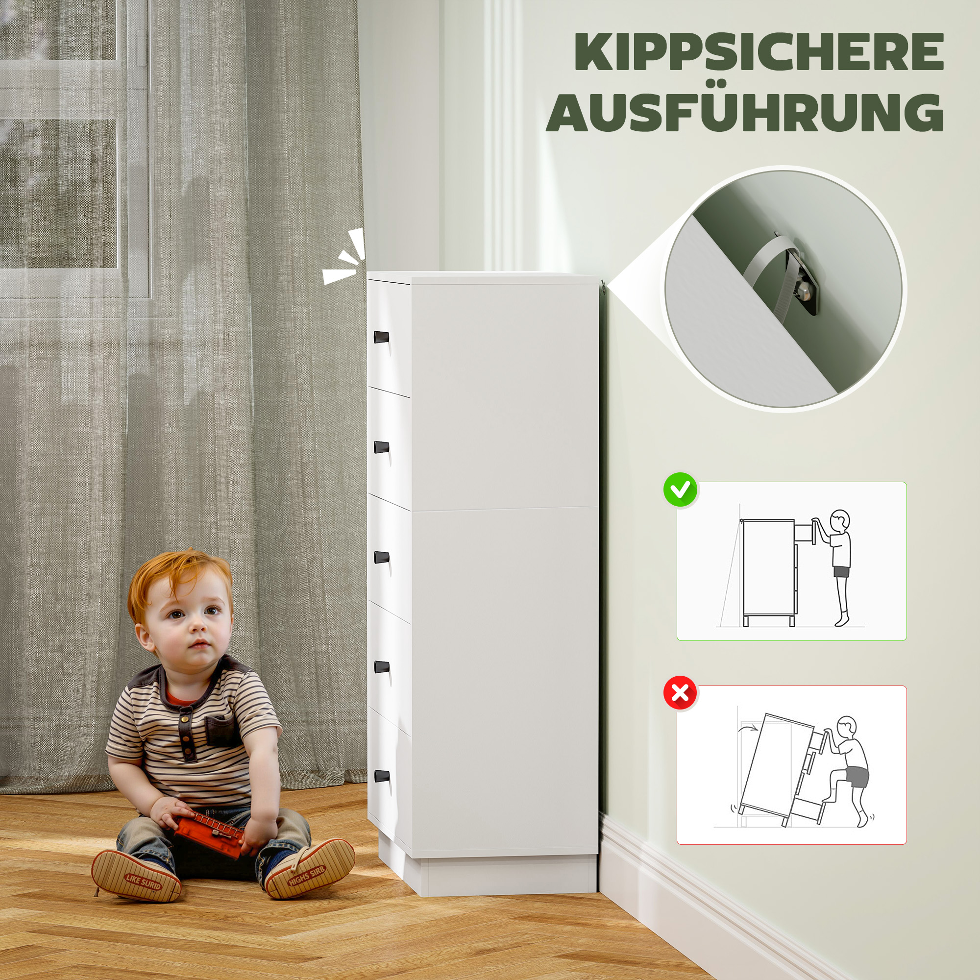 Kommode Sideboard mit 5 Schubladen Schrank aus Holzwerkstoff im Modern Stil 47 x 29 x 95 cm Weiß