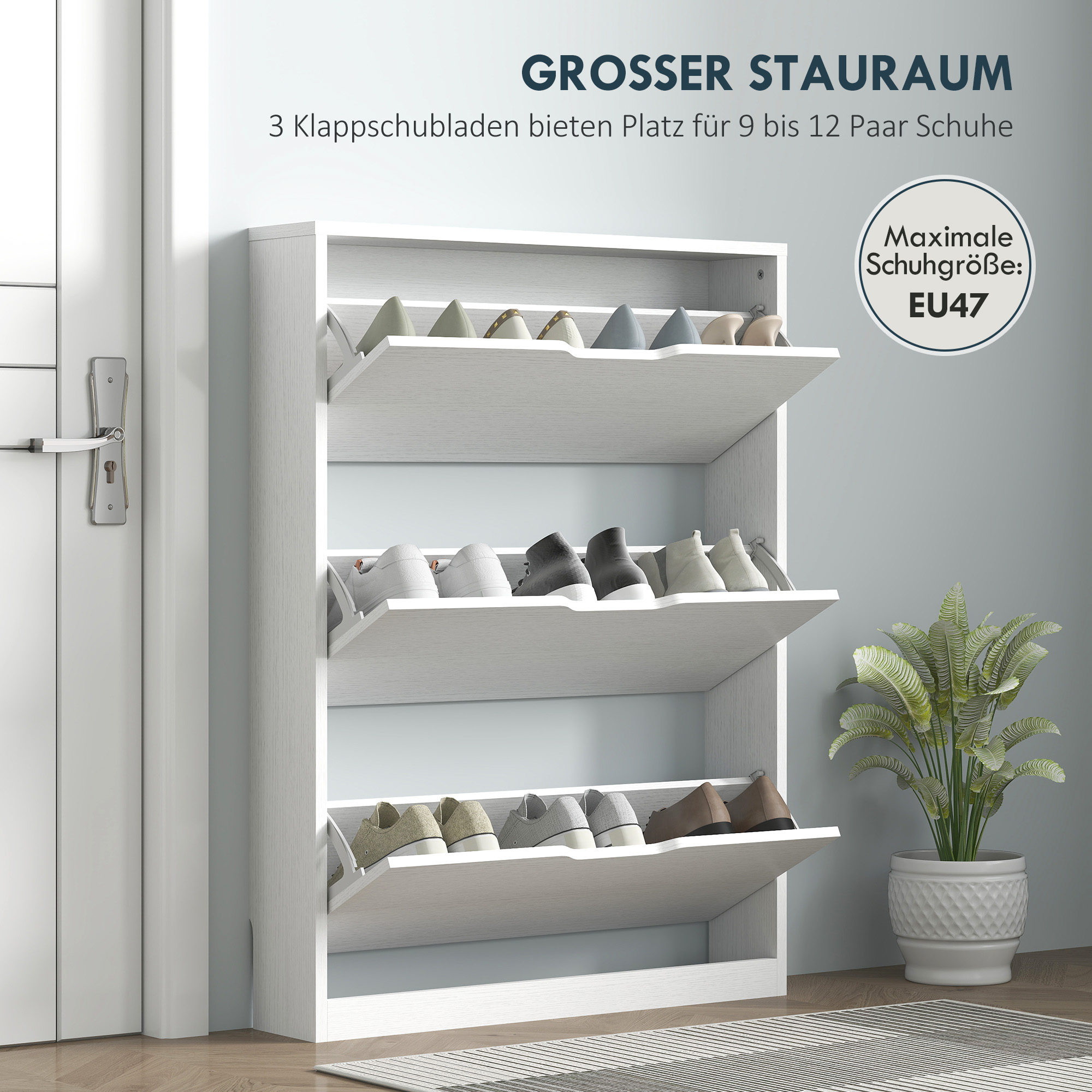 Schuhschrank mit 3 Klappschubladen, für bis zu 12 Paar Schuhe, Spanplatte, 80 x 17 x 108 cm, Weiß