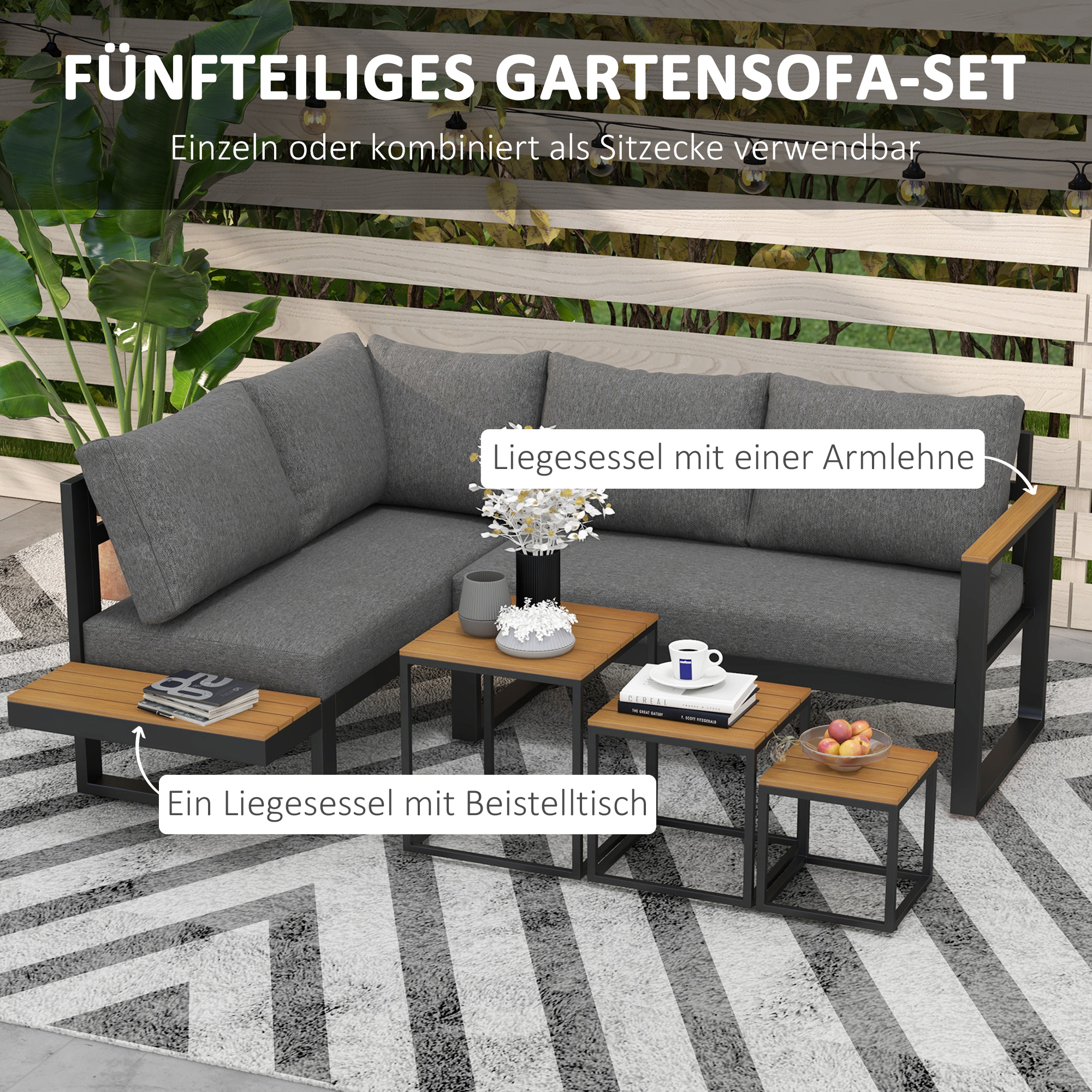 Outdoorsitzgruppe 5-teiliges Loungemöbelsicht Gartenmöbelset, 148 cm x 61 cm x 71,5 cm, Grau + Natur