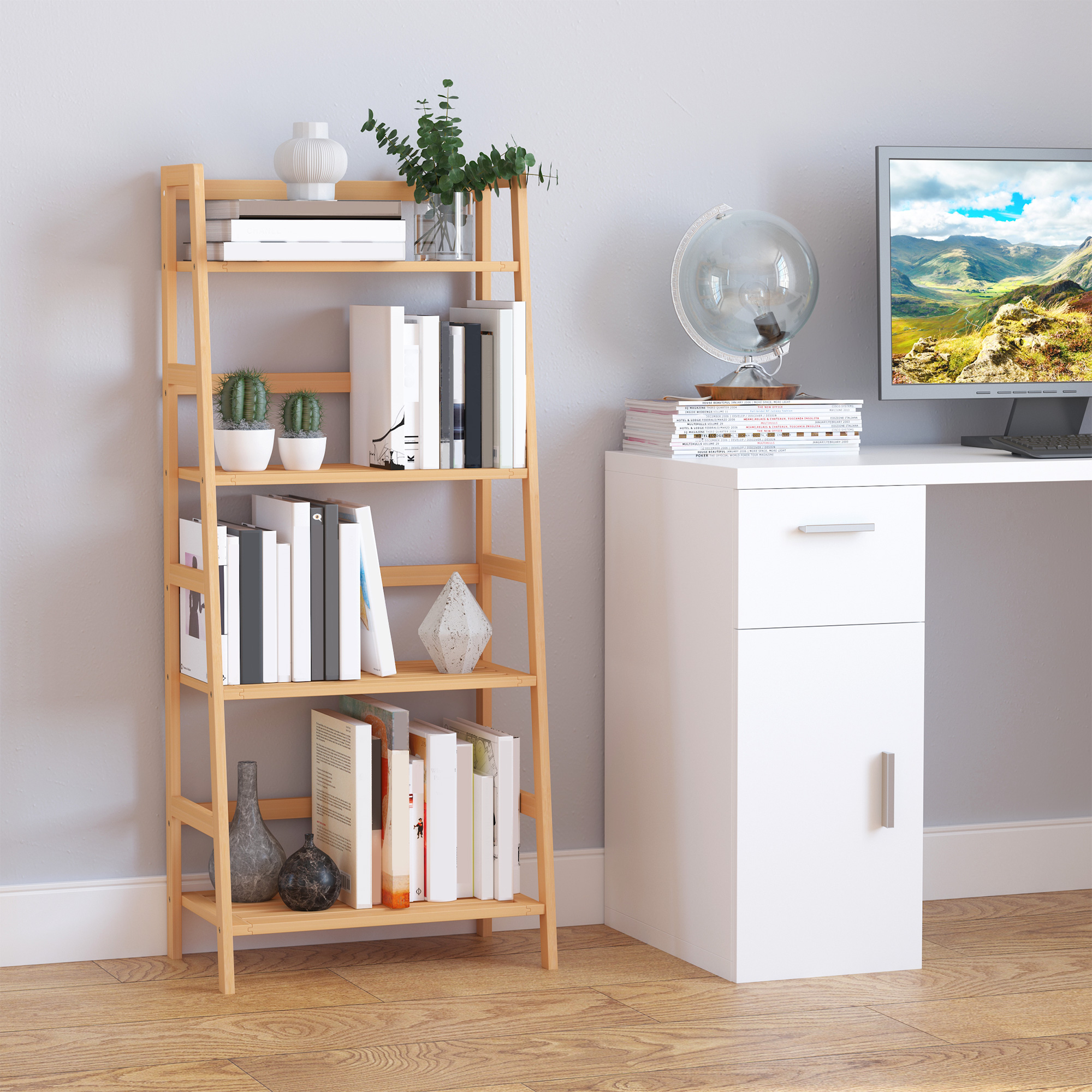 Bücherregal, 4 Ebenen, Leiterdesign, Bambusholz, Natur