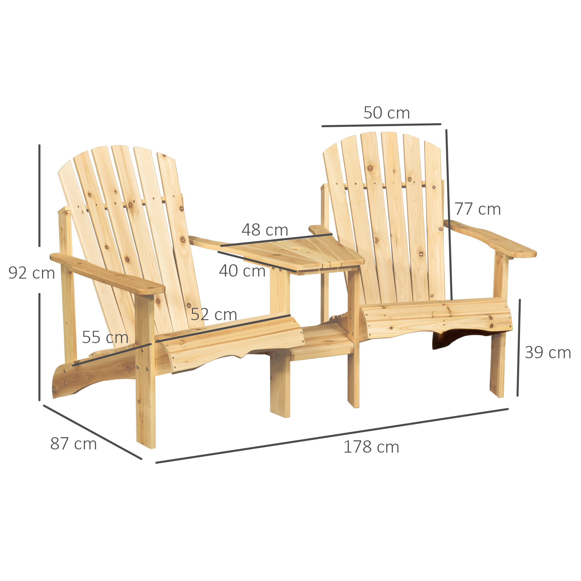Adirondack Gartenstuhl mit Tisch und Schirmloch 2 Sitzer Gartensessel Sitzgruppe Gartenmöbel für Balkon Massivholz Natur 178 x 87 x 92 cm
