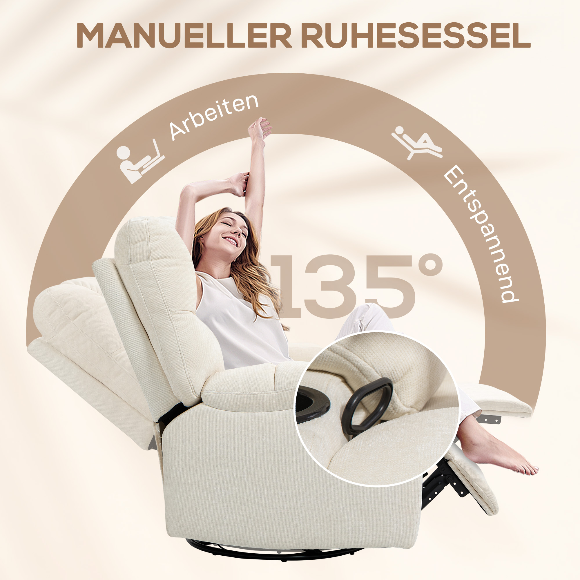 Relaxsessel mit Fußstütze, Liegesessel, drehbar, bis 150 kg, Stahlrahmen, 88x96x108cm, Beige
