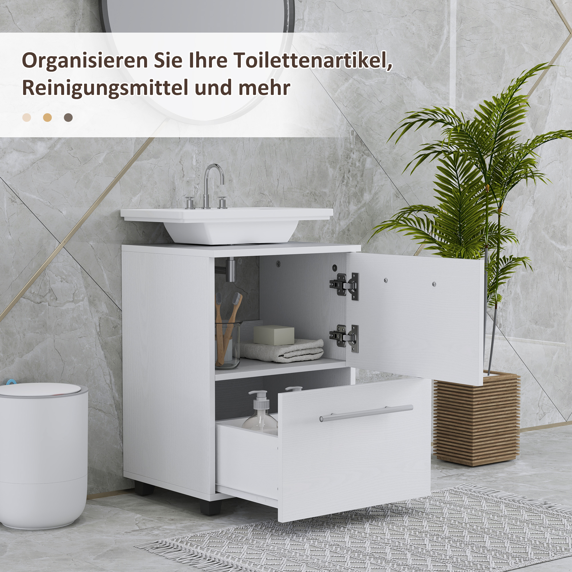 Badezimmerschrank, Waschbecken-Kommode mit Schublade, kompakt, Spanplatte, Weiß