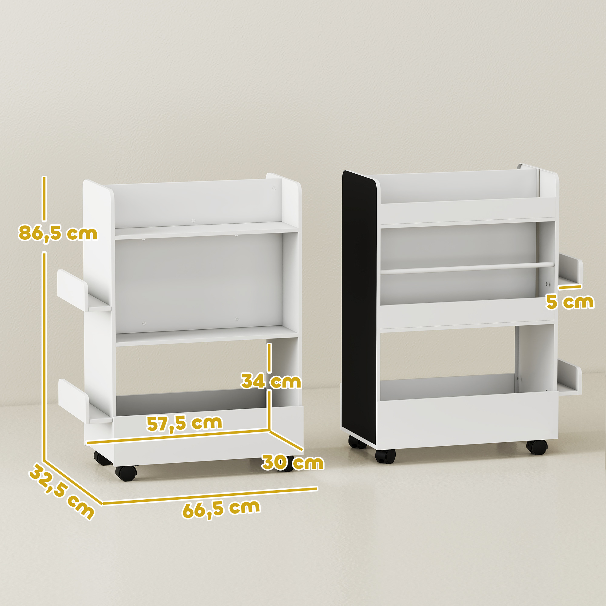 Kinder Bücherregal mit 4 Regalen, Bodenfach, 2 Seitenteile, Tafel, Rollen, für 3-8 Jahre, 66,5x32,5x86,5 cm Weiß