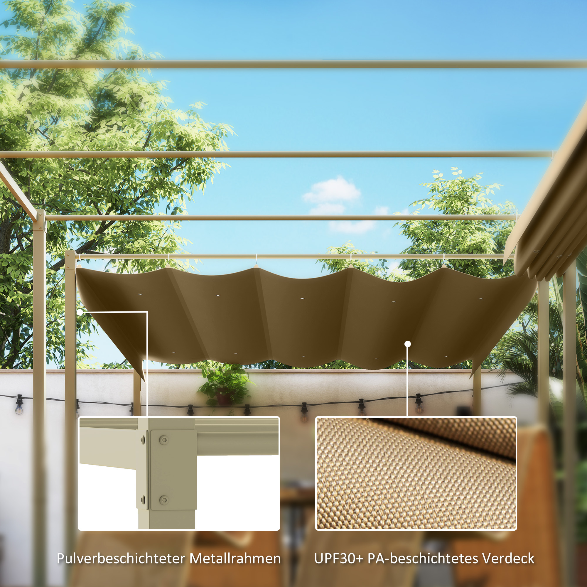 3 x 3 m Garten-Pergola mit einziehbarem Dach, Pavillon, Baldachin für Schatten, UPF30+, Khaki