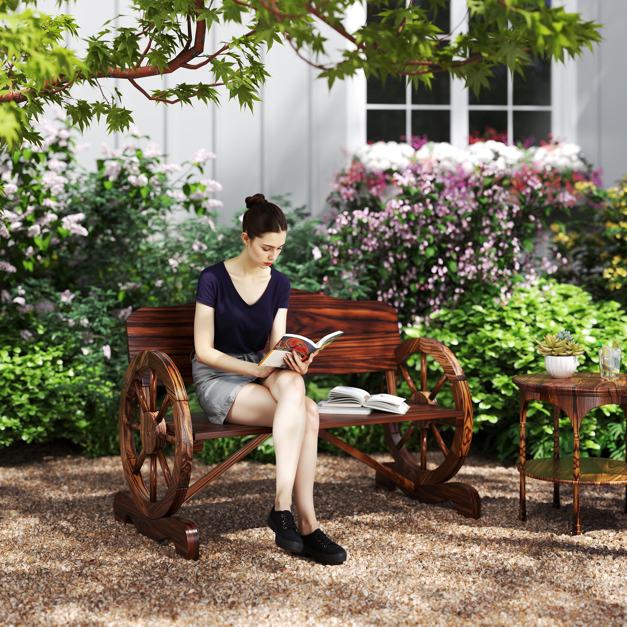 2-Sitzer Gartenbank mit Rad-Armlehnen, Rustikale Outdoor-Bank für Terrasse, Veranda, Fichtenholz, Braun