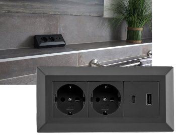 2-fach Steckdosenblock, USB-A+C, schwarz, 250V~/ 16A, Aufbaumontage, USB 3,1A, PD