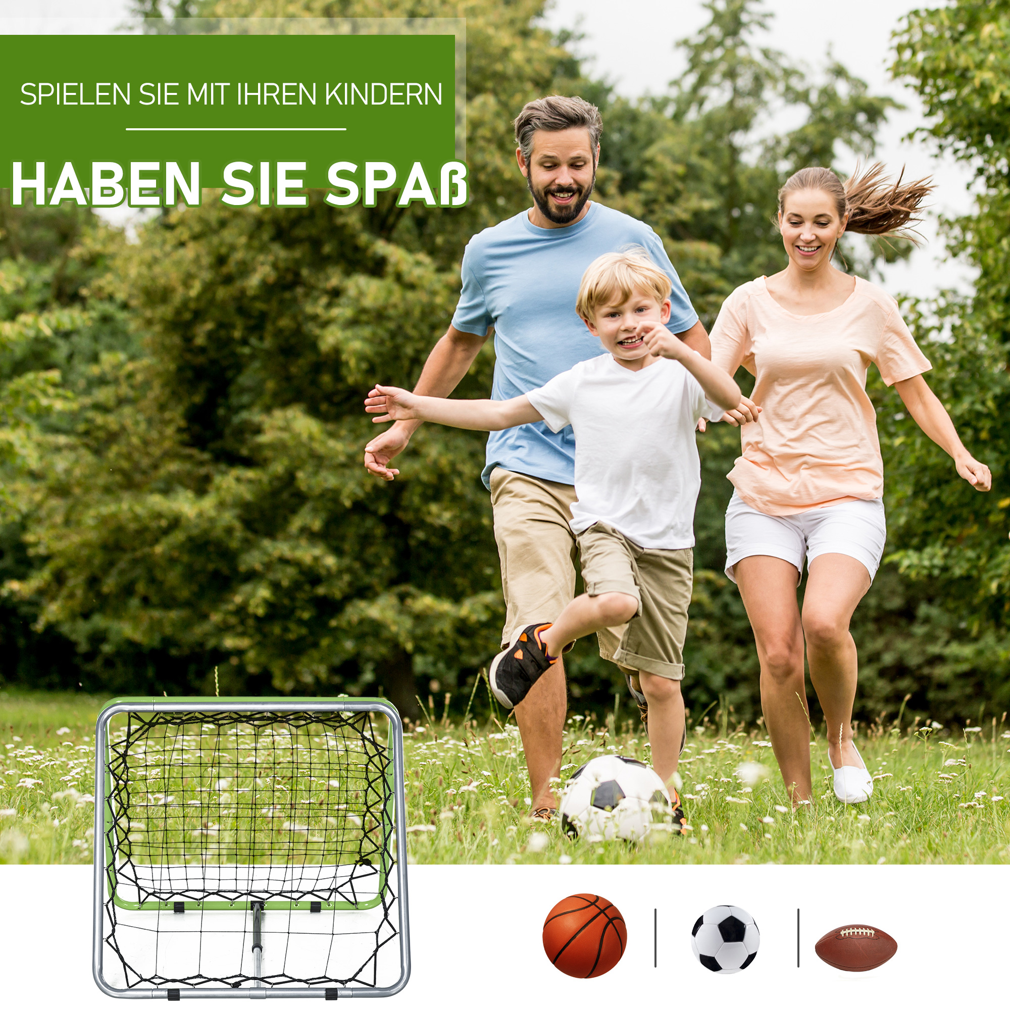 Fußball Rebounder Kickback Tor Rückprallwand Netz für Baseball Basketball beidseitiger Rückprall Verstellbar in 5 Stufen Metall Grün+Schwarz 75 x 75 x 64 cm