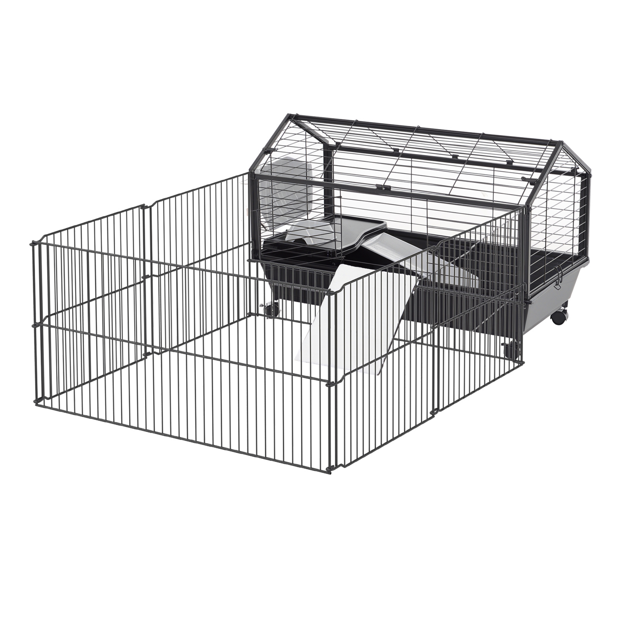 Kleintierkäfig mit Freigehege inkl. Zubehör 88 cm x 128,5 cm x 56 cm  4 Rollen Schwarz Metall Polypropylen