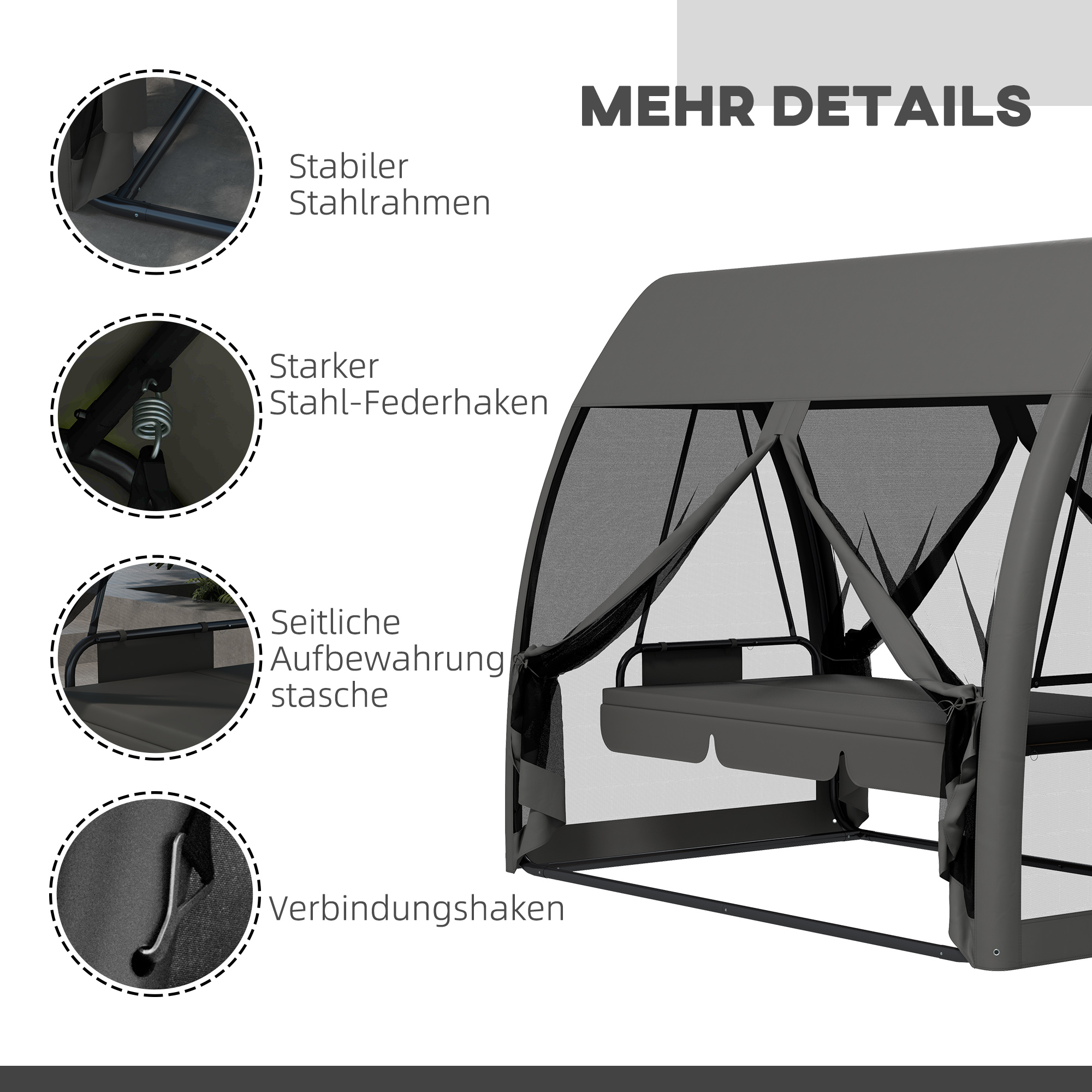 3-Sitzer-Terrassen-Schaukel, Veranda-Schaukel mit Bettfunktion, Hollywoodschaukel mit Mückennetz und Stahlrahmen, Grau