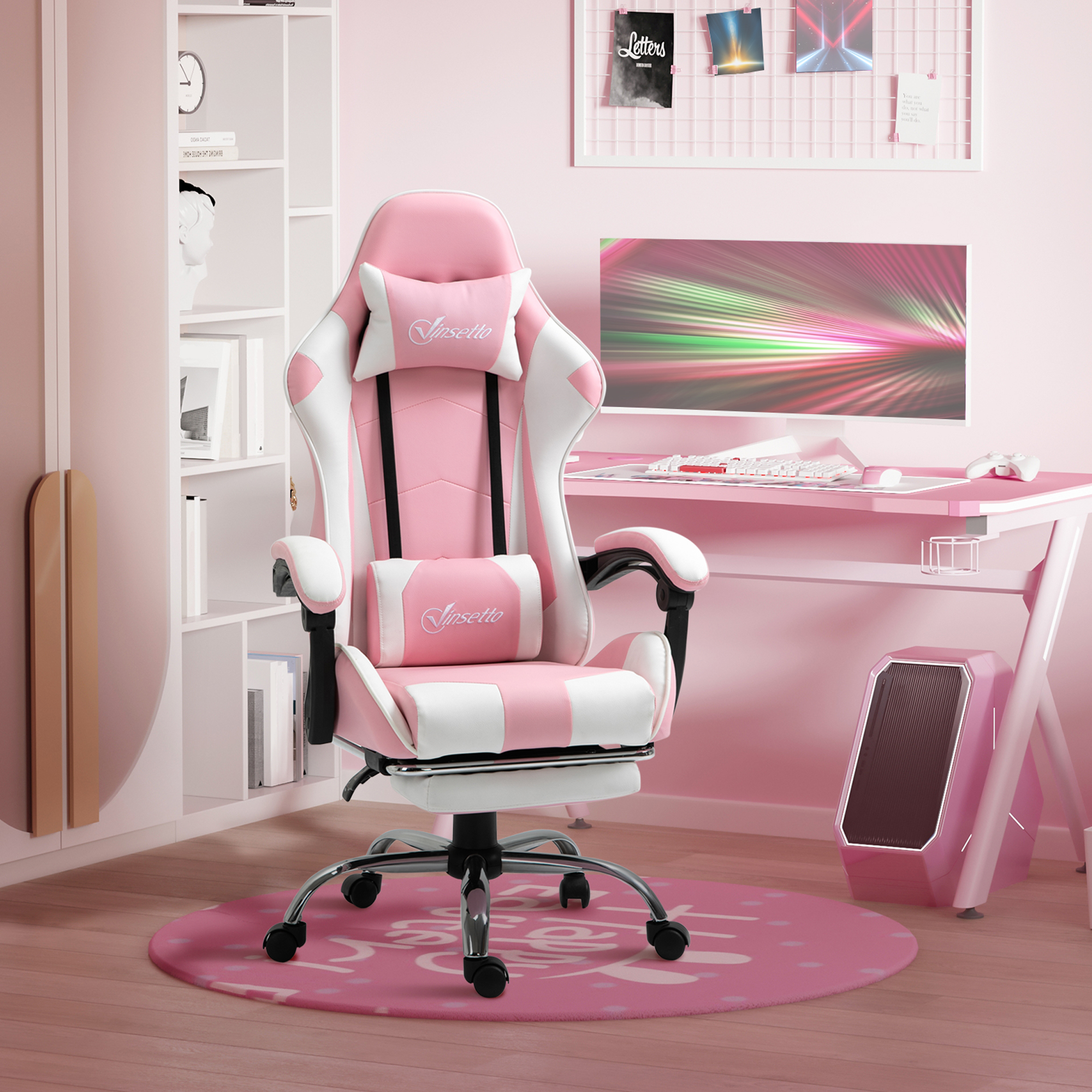 Gamingstuhl Computerstuhl Ergonomischer Bürostuhl Gamer Stuhl mit Kopfstütze Lendenkissen Bürostuhl höhenverstellbar 360°drehbar Schaumstoff Kunstleder PVC Rosa+Weiß 64 x 67 x 119-127 cm
