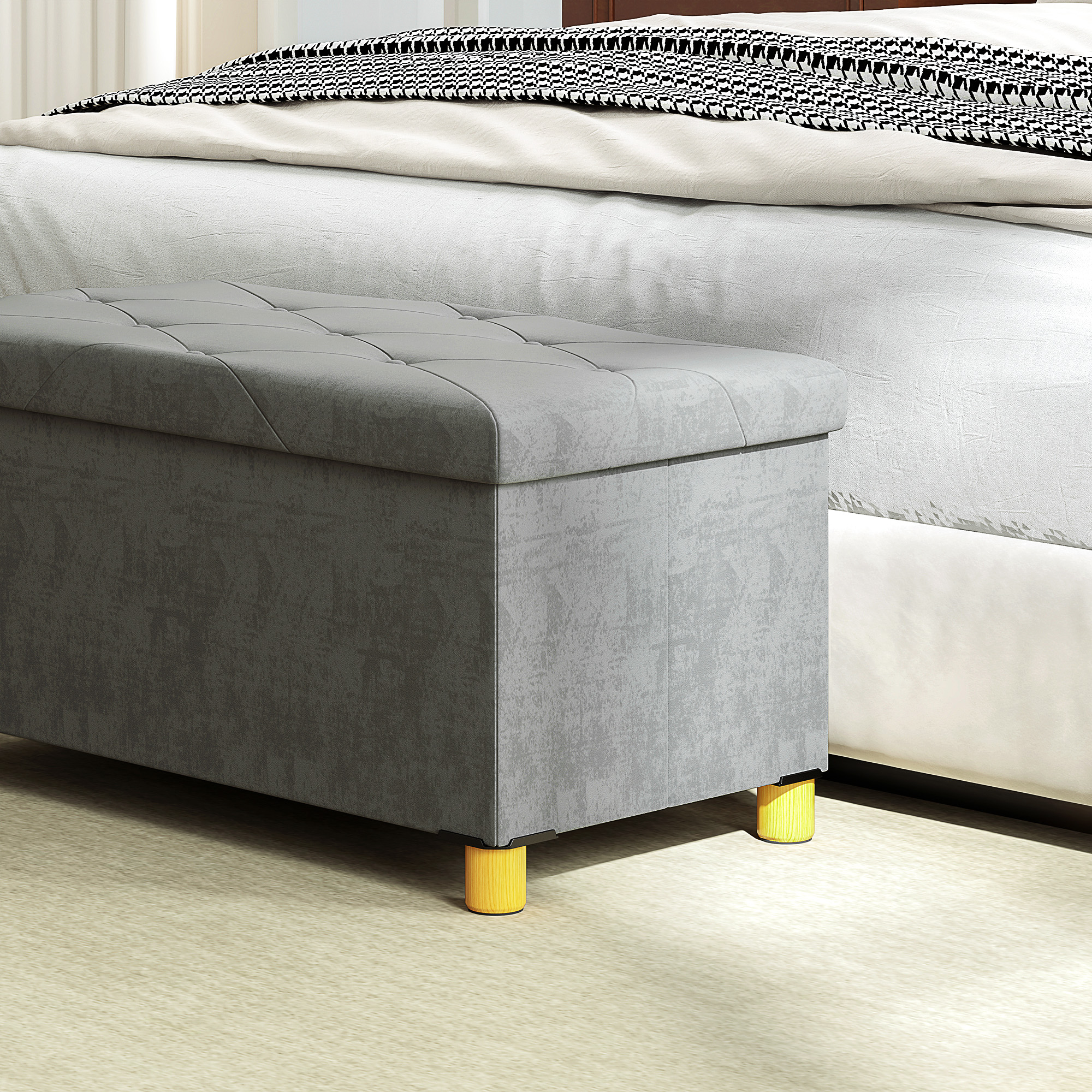 67 Liter Aufbewahrungsbank, mit Stauraum und Deckel, weicher Bezug in Samtoptik, für verschiedene Räume, Grau