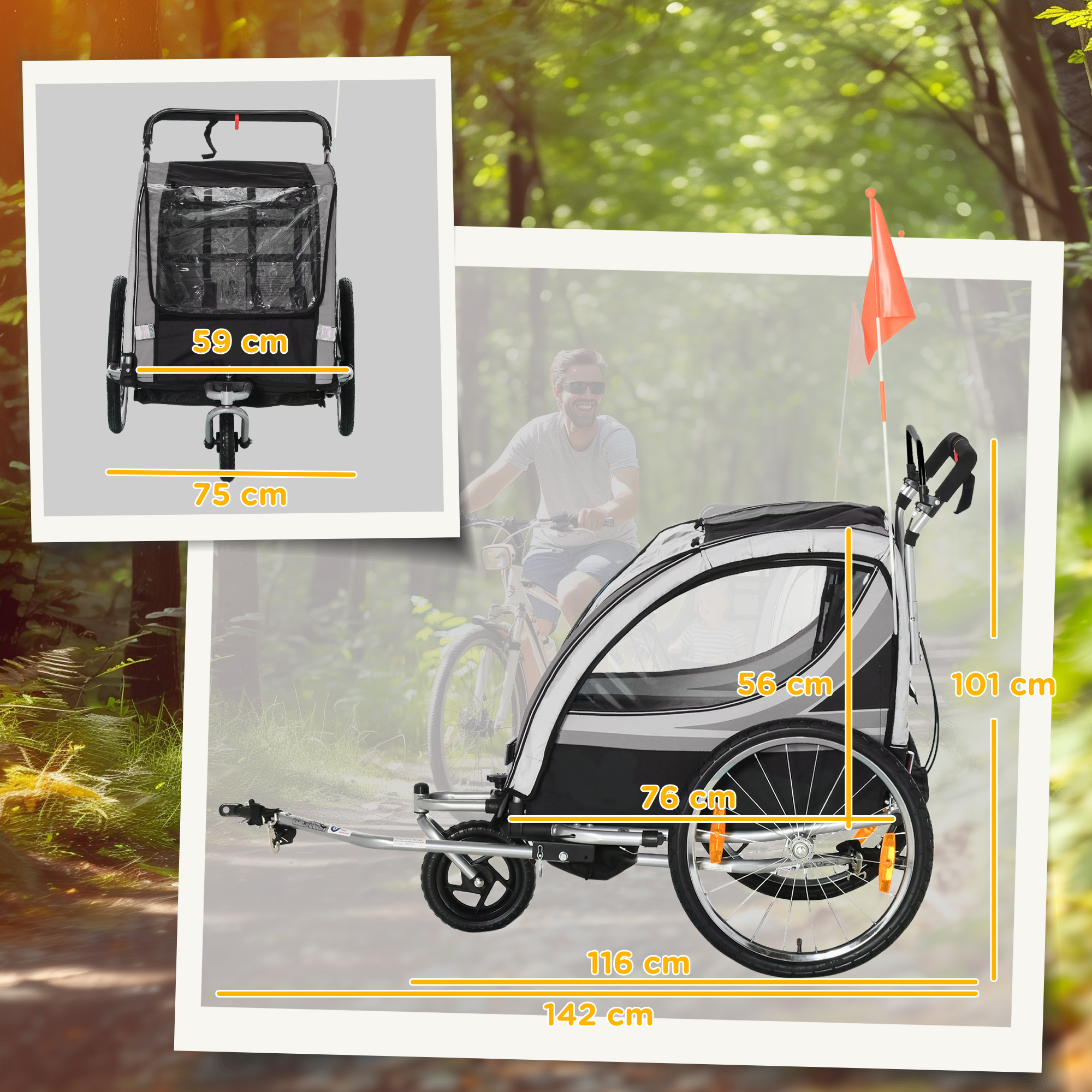 Kinderfahrradanhänger, Schiebewagen, mit Bremsen, klappbar, für 2 Kinder, Grau/Schwarz