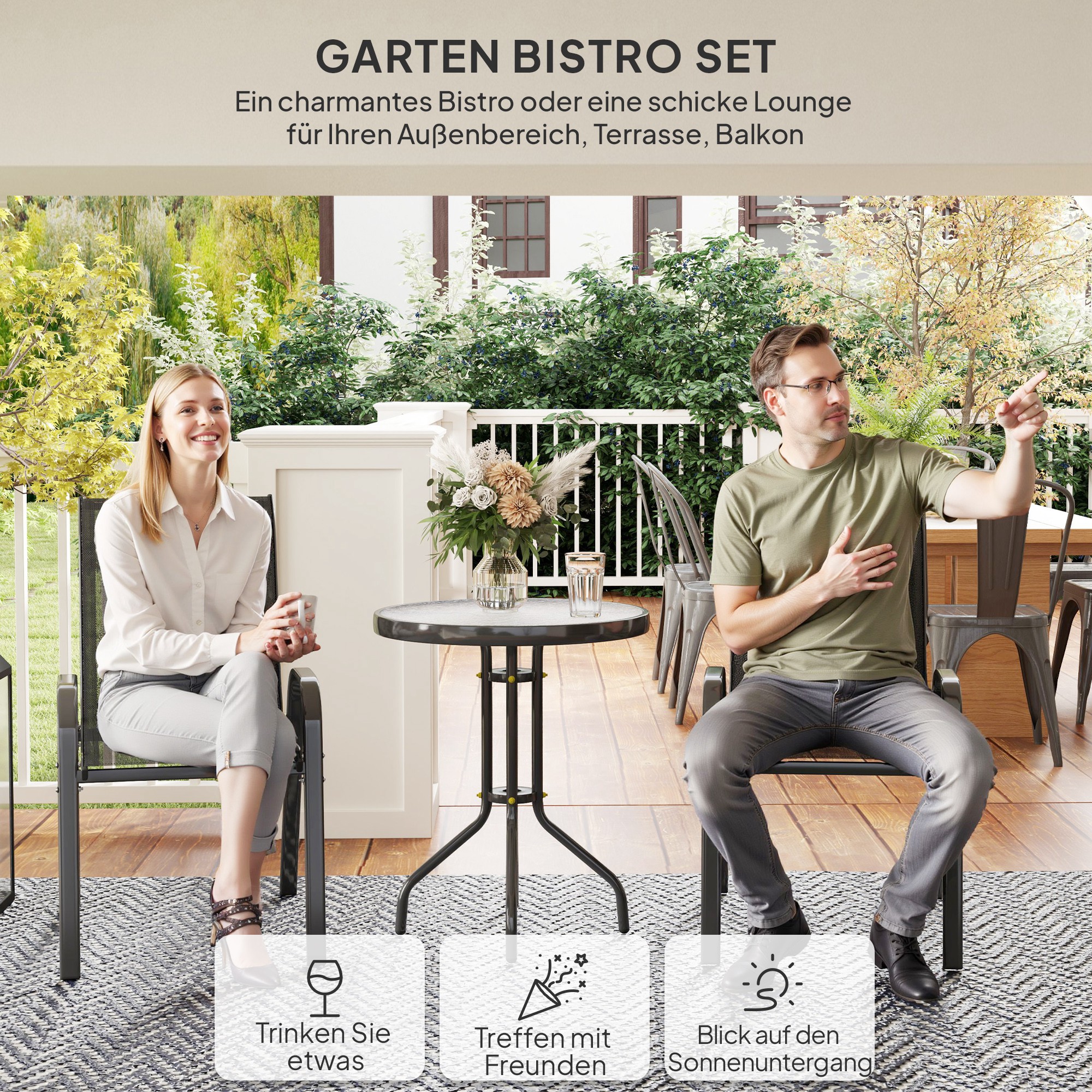 Bistro-Set 3-teilig Wetterfest Gartenmöbel Set mit Glastisch Stapelbare Gartenstühlen Schwarz