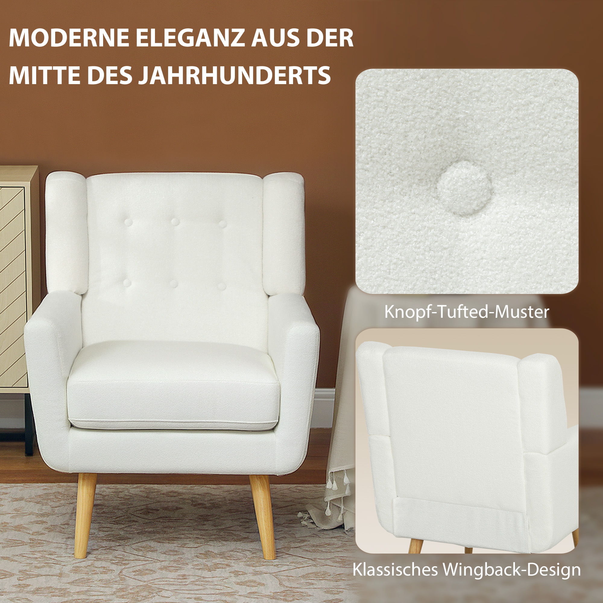 Armlehnstuhl, Ohrensessel, Polstersessel, Holzbeine, Knopfsteppung, Weiß