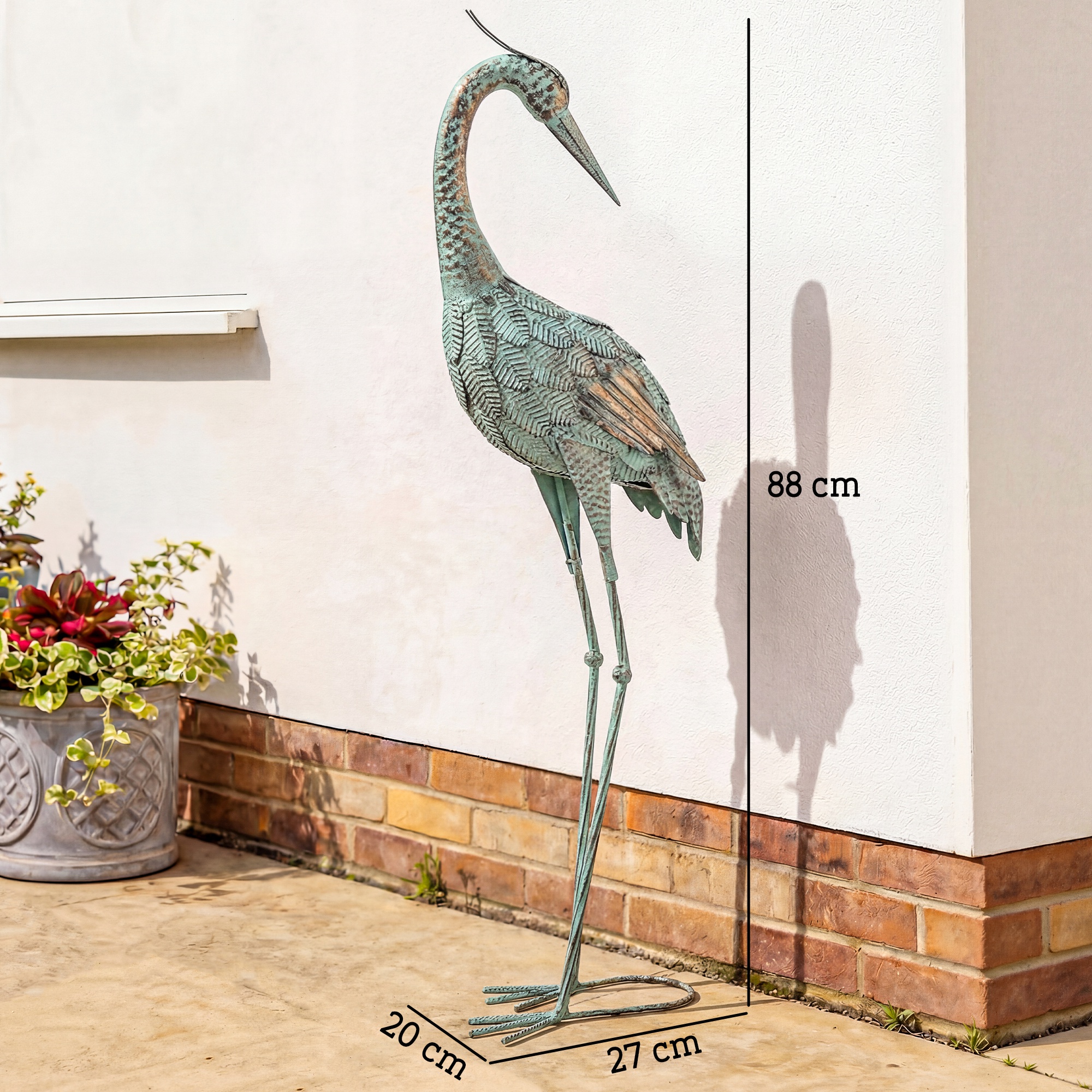 Reiher-Gartenstatue Metall-Vogel Outdoor-Statue 88 cm stehende Skulptur mit Bodenankern Grün und Bronze