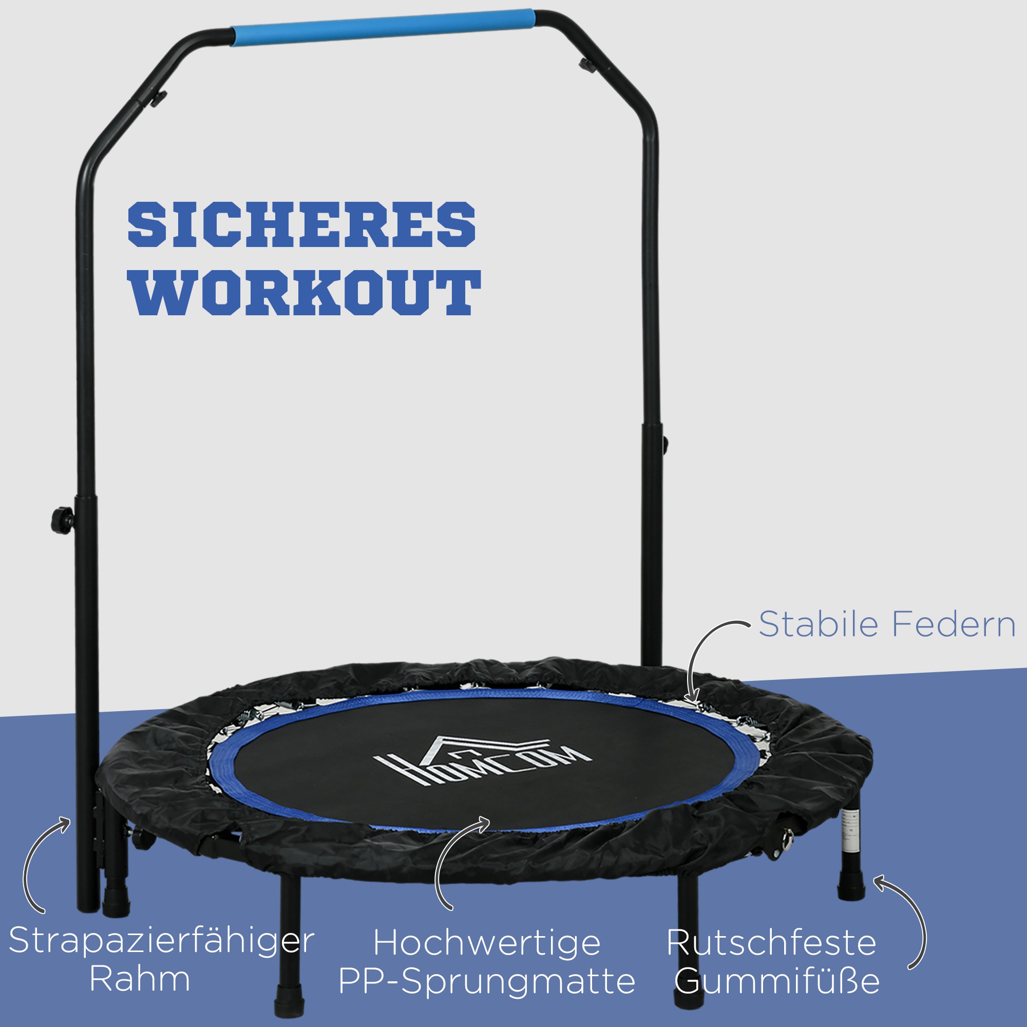 Fitnesstrampolin, klappbar, verstellbarer Haltegriff, Ø102x123H cm, bis 100 kg, Schwarz/Blau