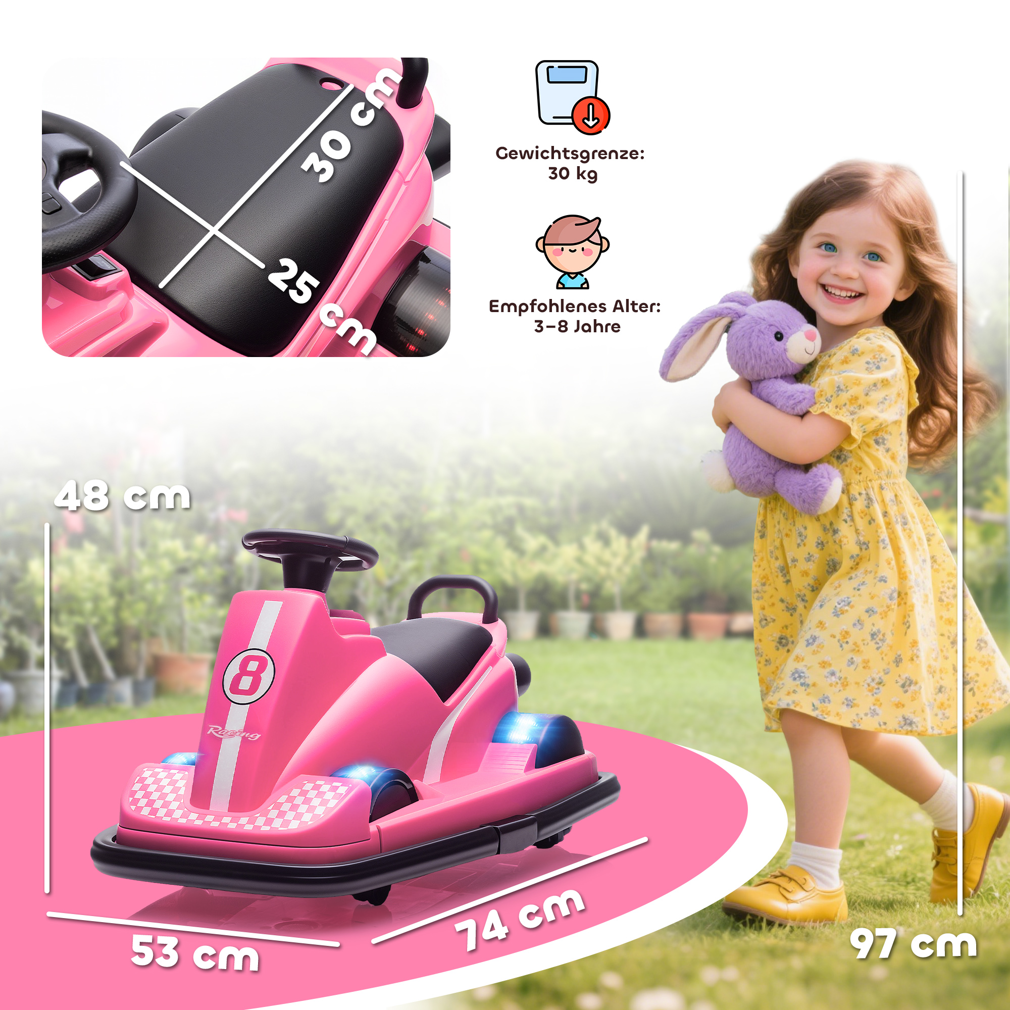 Autoscooter für Kinder, um 360 Grad drehbar, Lenkrad, LED-Lichter, Musikfunktion, 3-8 Jahre, Rosa