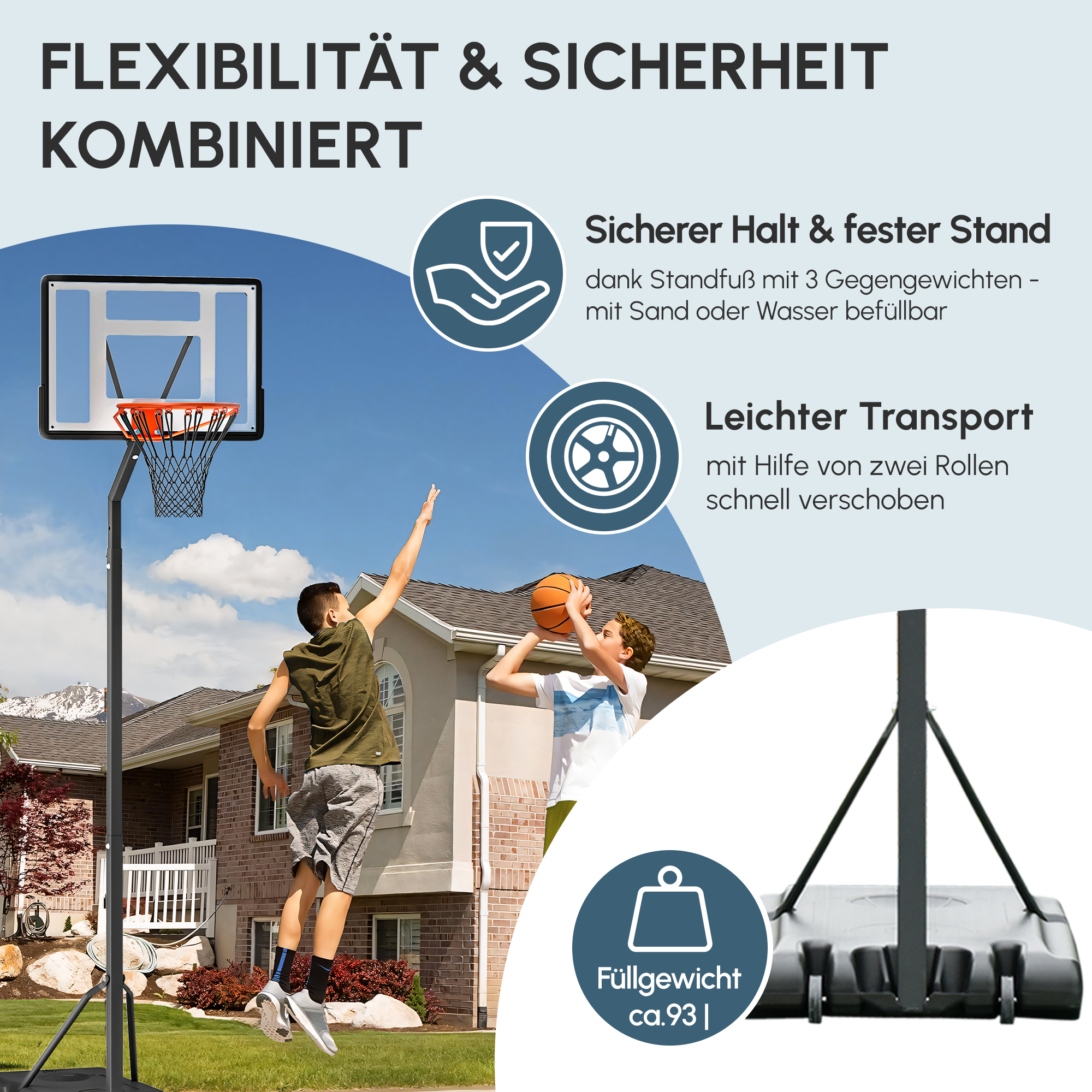 Basketballkorb Outdoor mit Ständer, 255-305cm Höhenverstellbar Basketballständer mit Rollen, Basketball-Backboard Ständer, Basketballanlage, Stahl