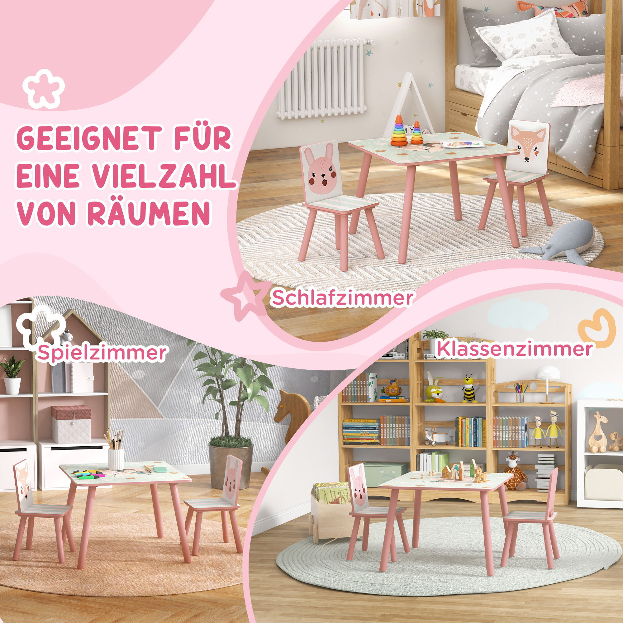 Kindersitzgruppe aus Kiefernholz, Tisch mit 2 Stühlen, Tiermotiv, Kinderzimmer, 3-8 Jahre, Rosa