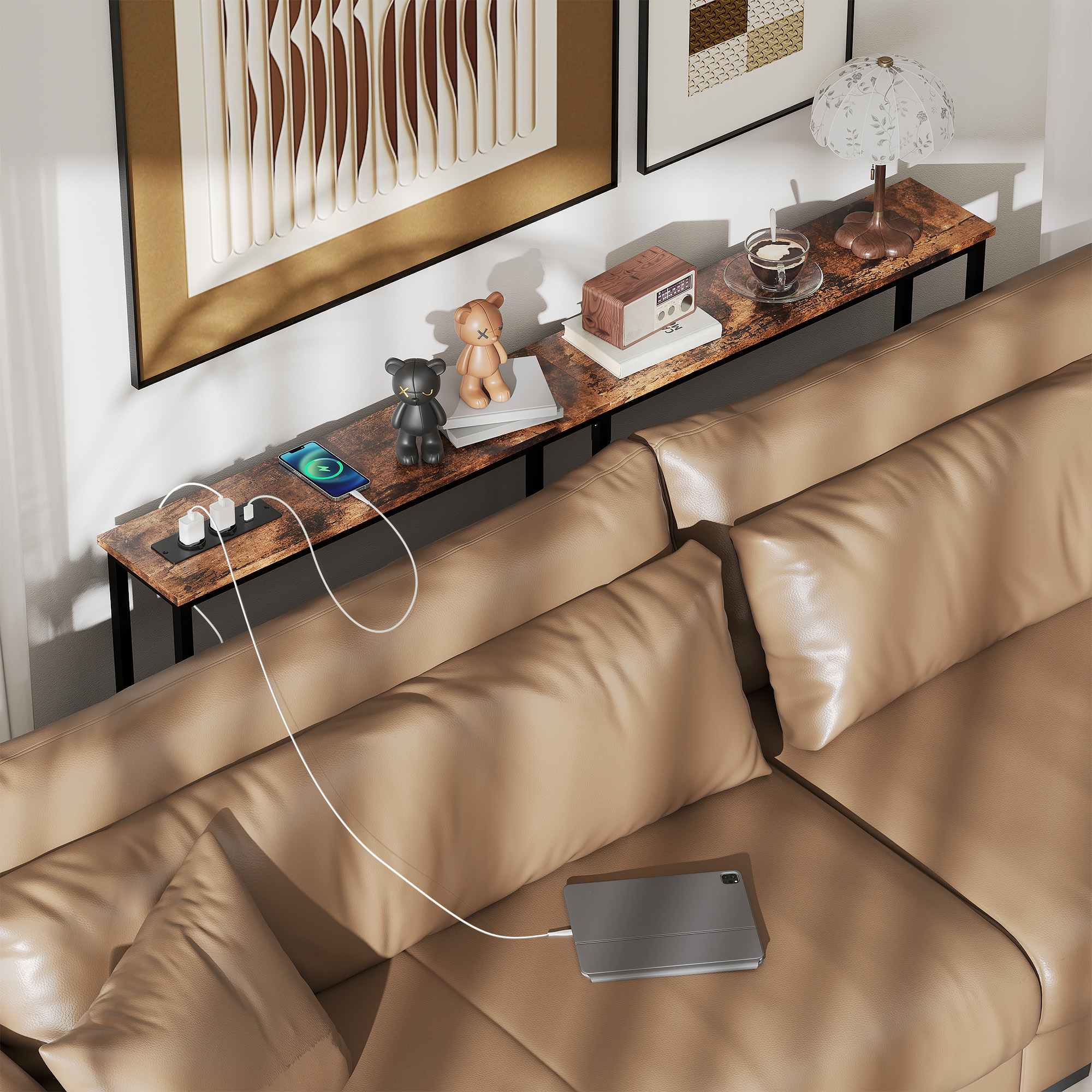 Konsolentisch mit Ladestation, Industriestil, Stahlrahmen, Braun