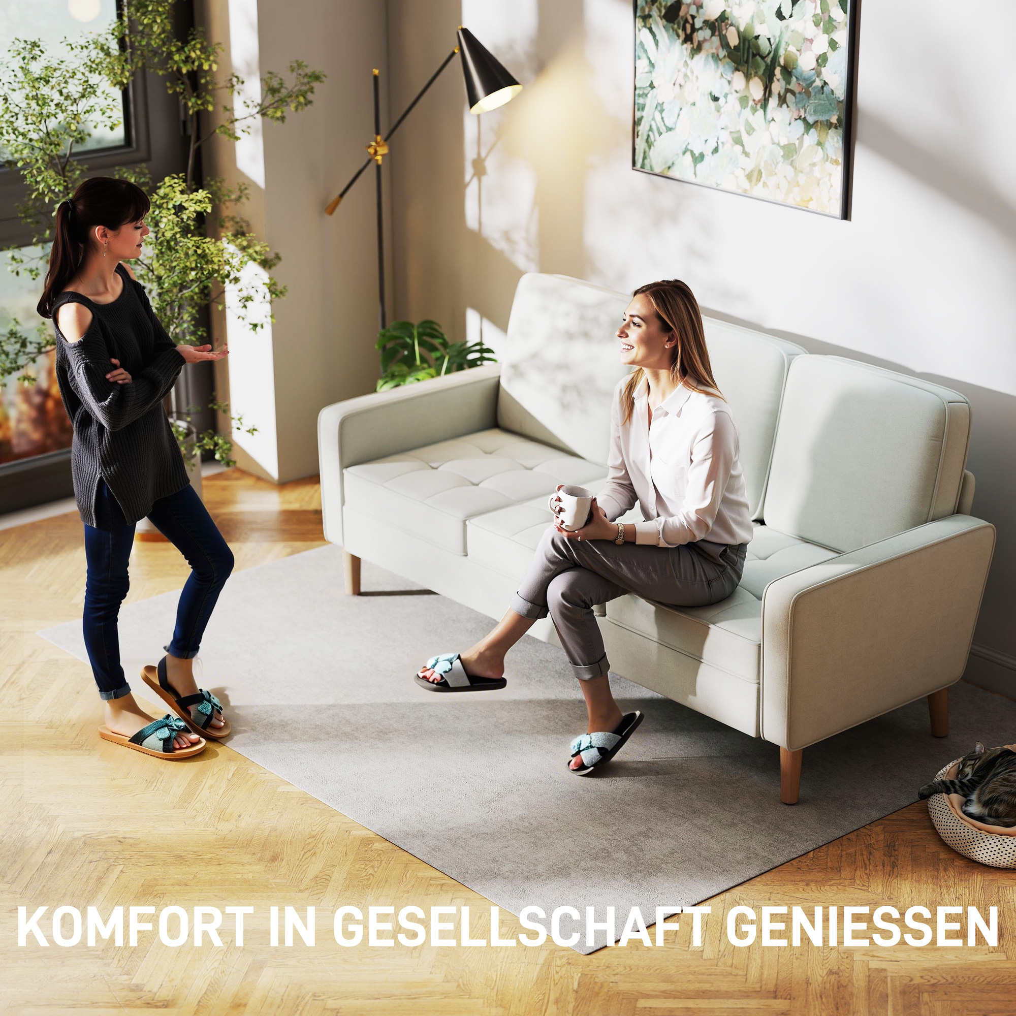 3-Sitzer-Sofa mit dicken Kissen, Kautschukholz, Stoffbezug, Polstersofa für Wohnzimmer, Büro, Schlafzimmer, Cremeweiß