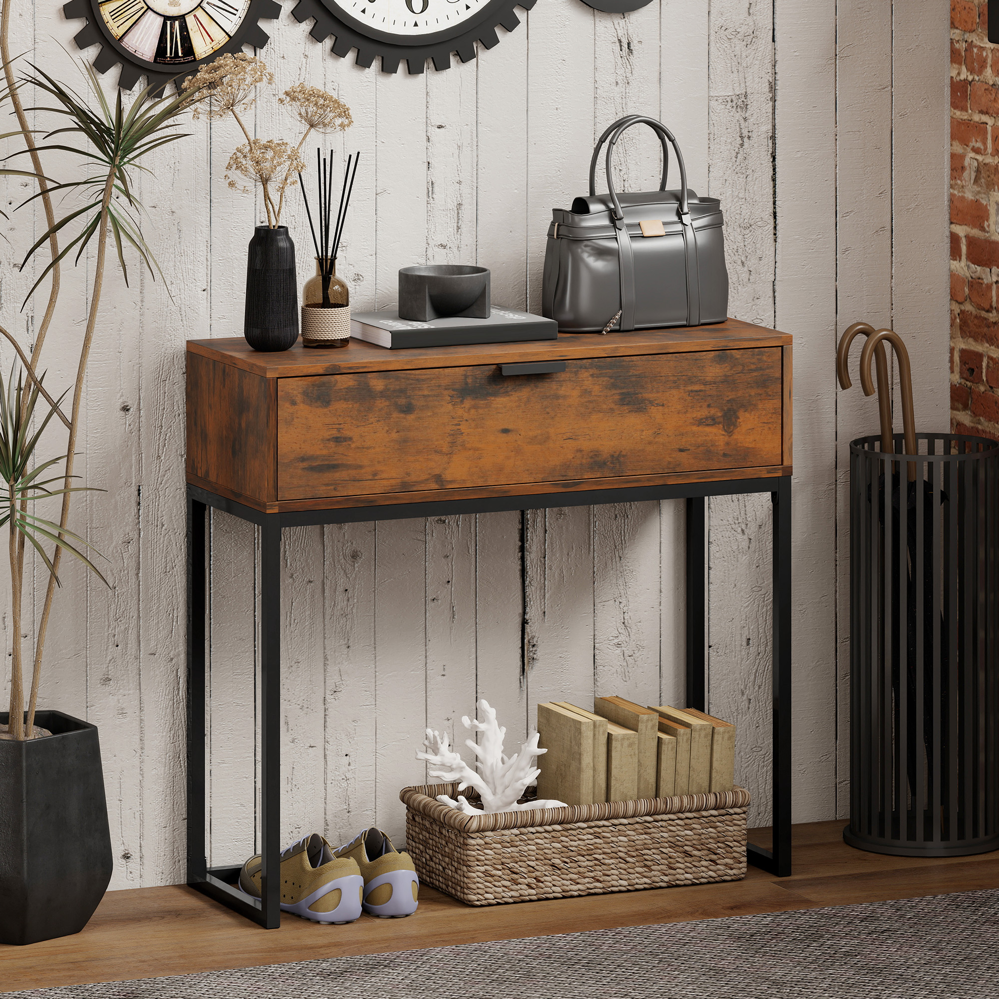 Konsolentisch Flurtisch mit Schublade, Industrie-Design, Flur Wohnzimmer, 80x30x76 cm, Schwarz