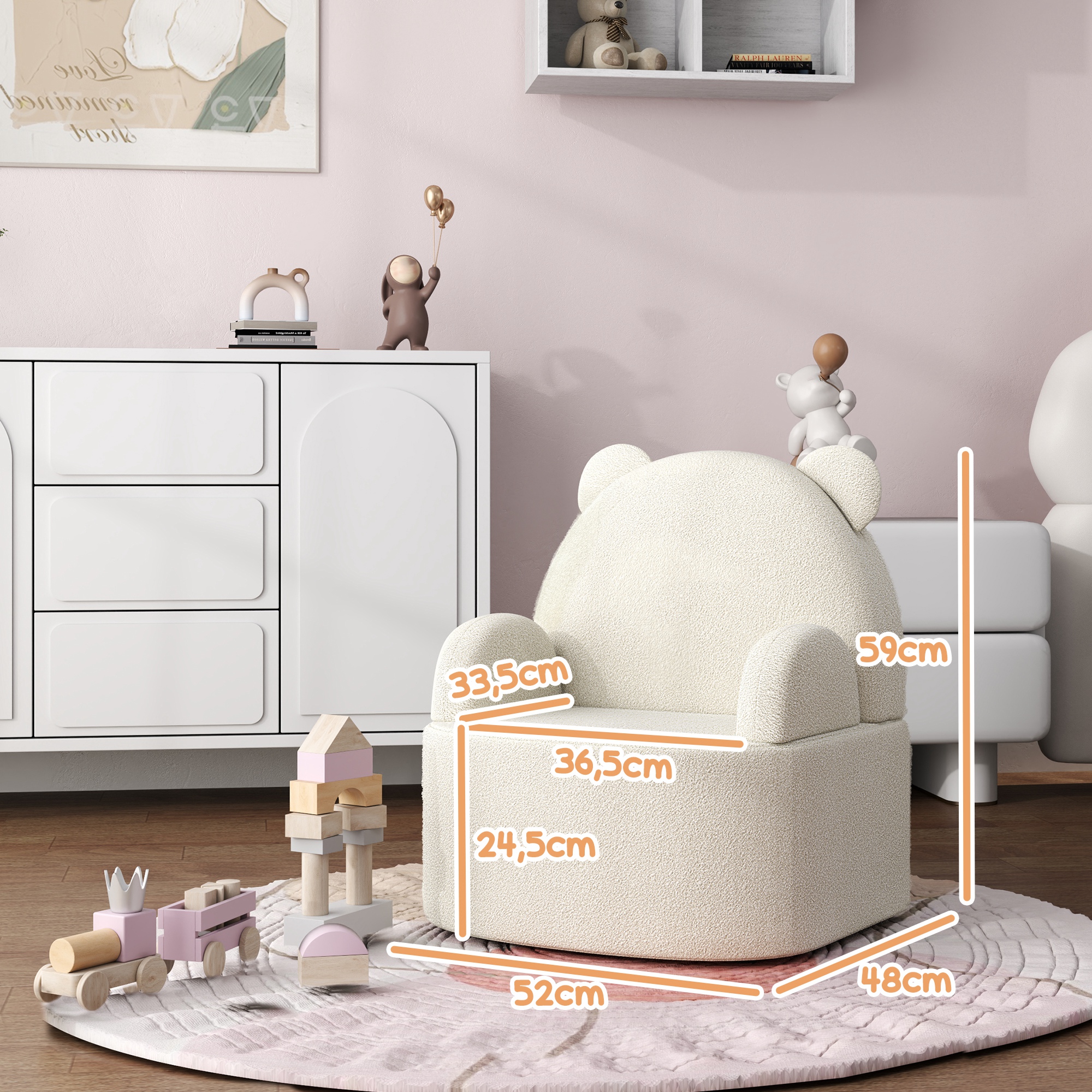 Kindersessel, Bärenform, weicher Teddyfleece, bis 3 Jahre, 52x48x59 cm, Beige