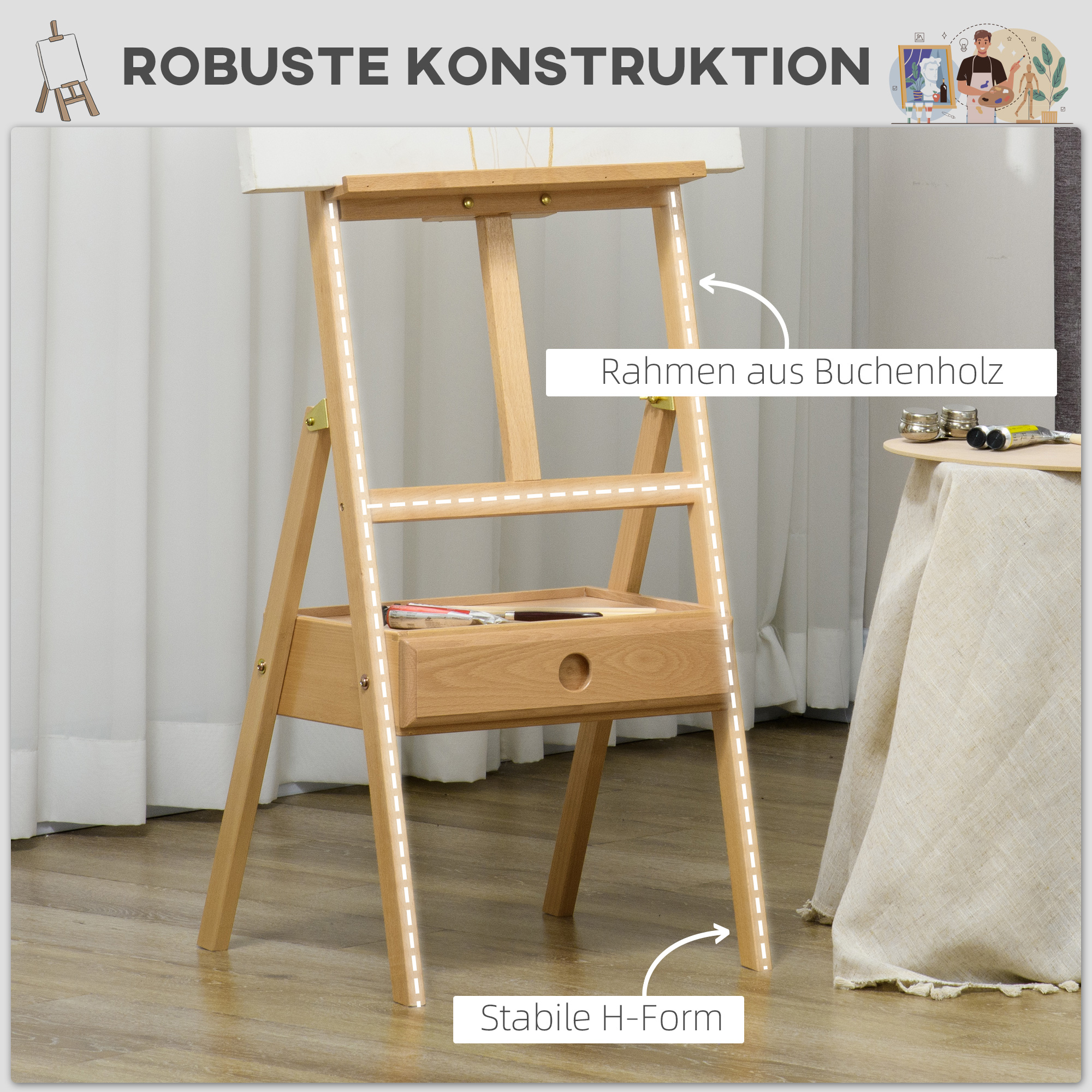 Staffelei, Künstlerstaffelei, Höhenverstellbar, 1Schublade, Natur + Schwarz