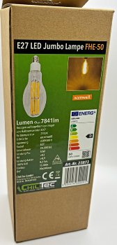 LED Filament-Lampe E27 50W "FHE-50", 7841lm, 2700K, warmweiß, ØxH 9x24cm