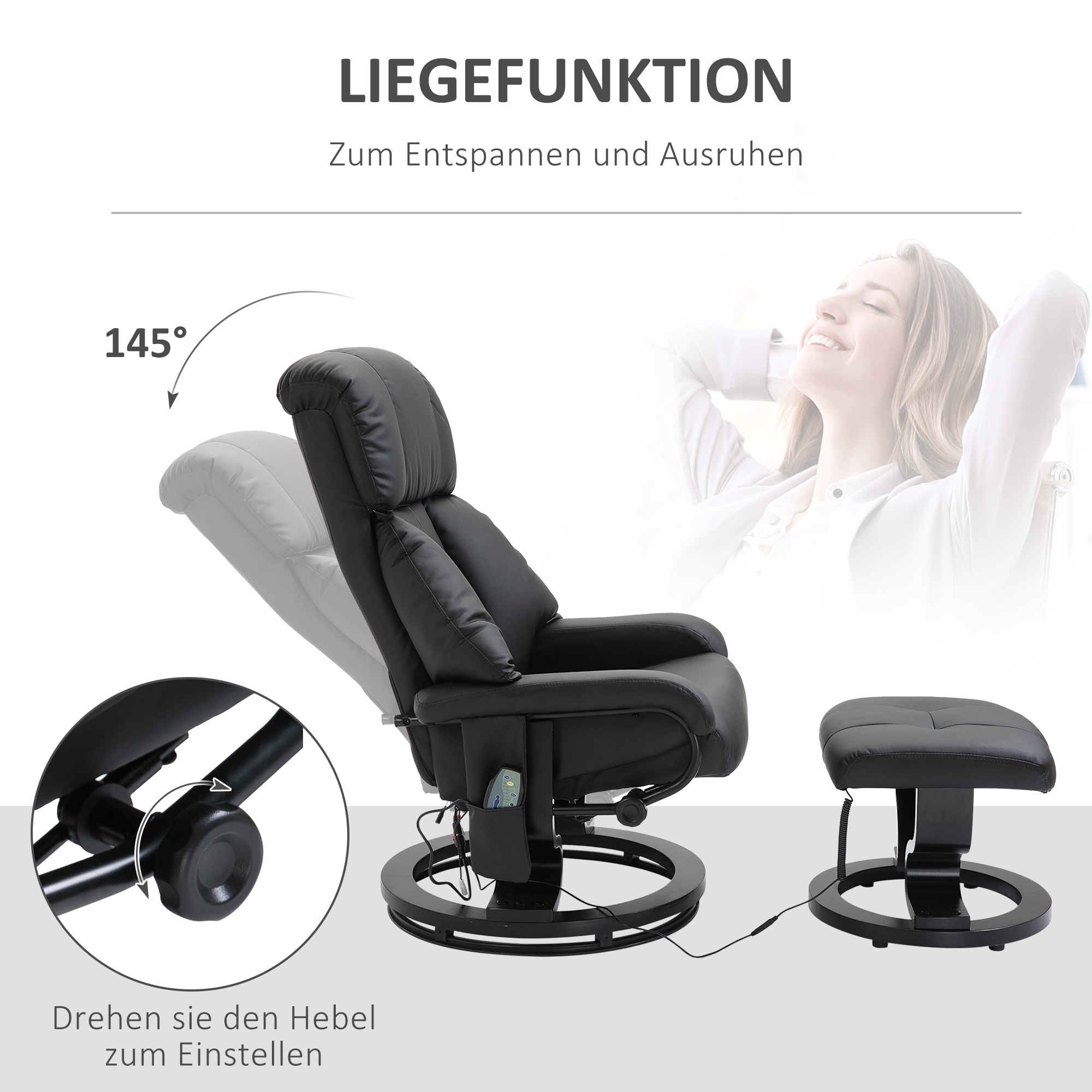 Massagesessel mit Fußhocker, 10 Vibrationspunkte, 145° verstellbare Rückenlehne, Schwarz