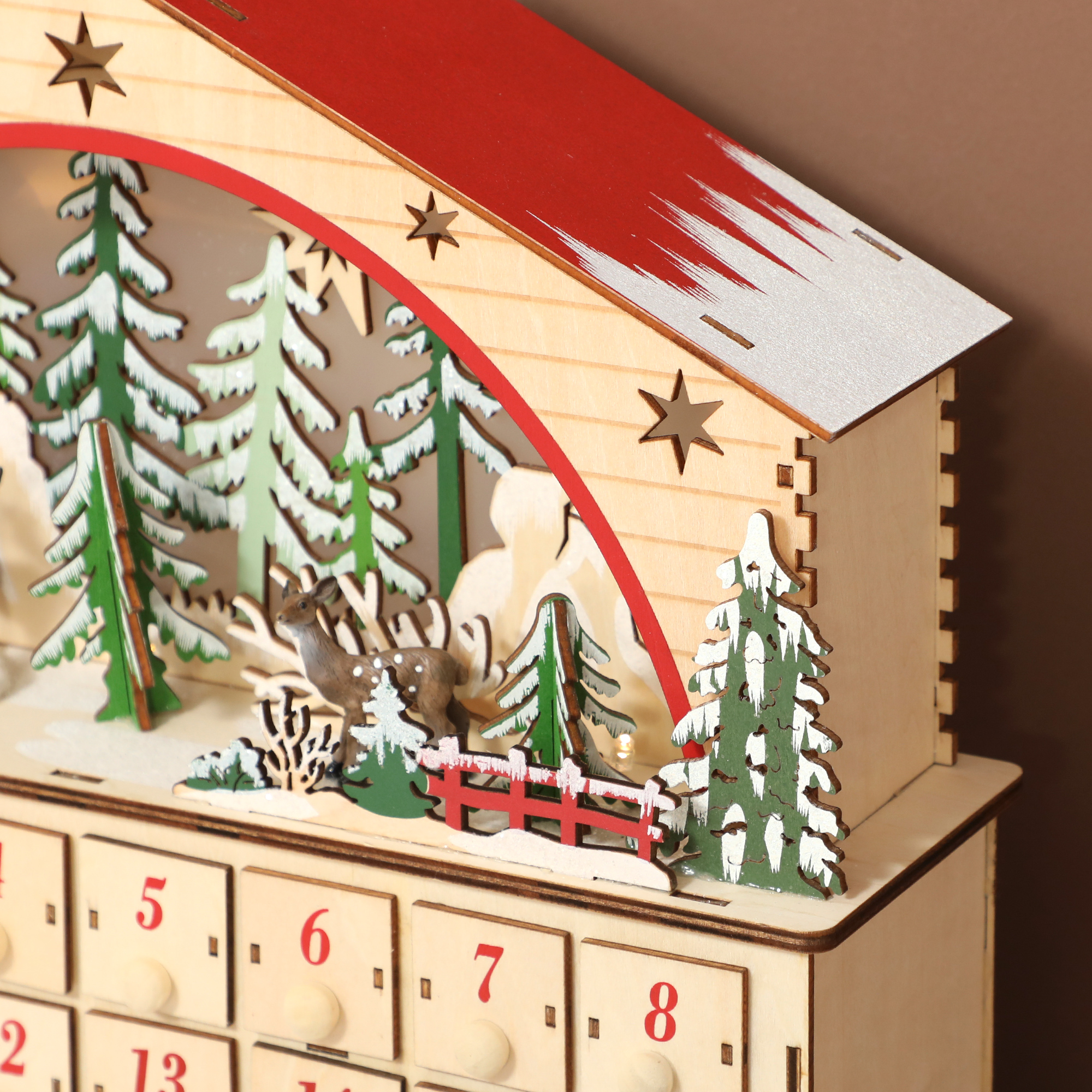 Adventskalender zum Befüllen 24 Schubladen Fächer Weihnachtskalender mit LED-Lichtern Naturholz 36 x 10 x 34 cm
