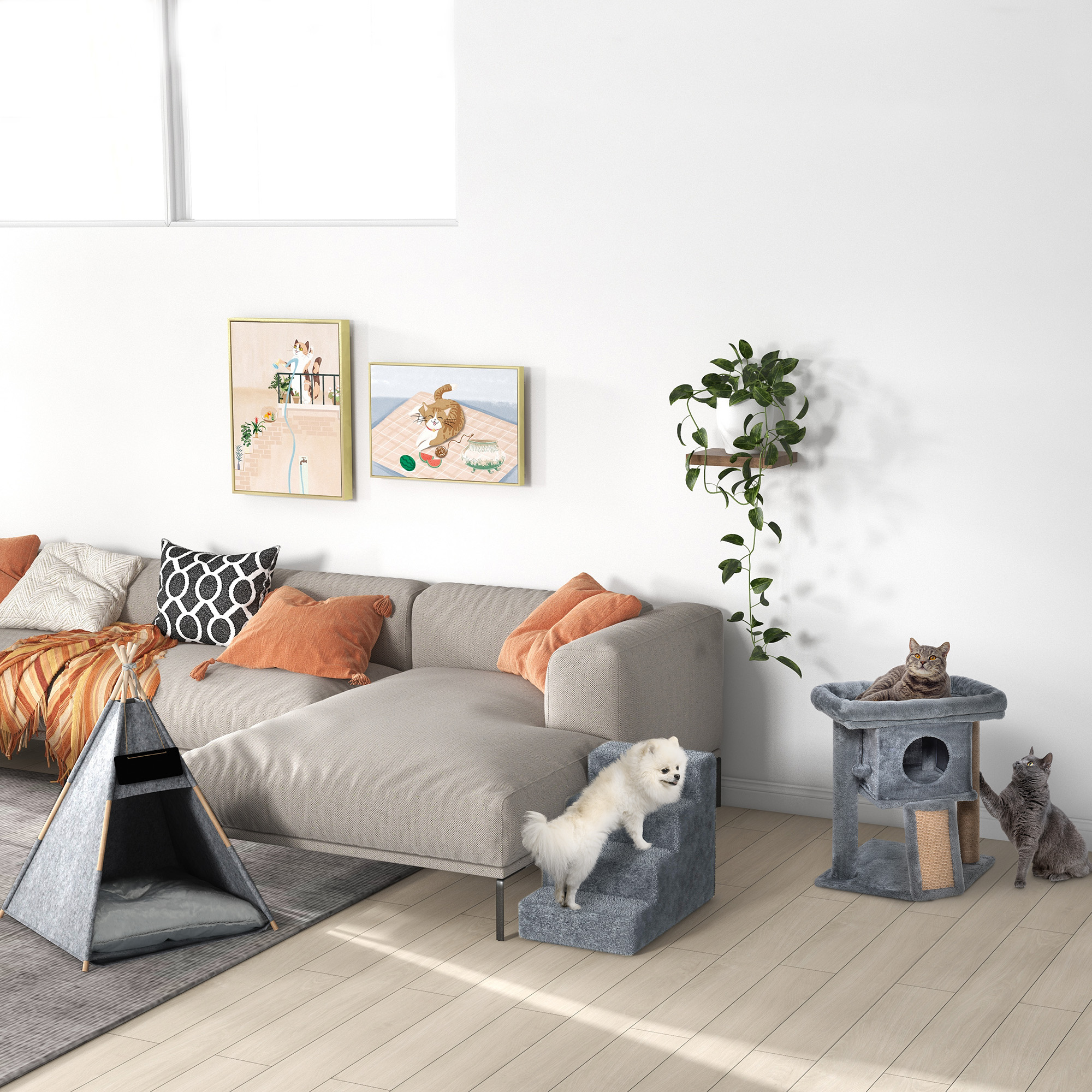 Hundetreppe 4-stufig, 35 cm Katzentreppe für Bett und Sofa, Haustiertreppe für Hunde und Katzen bis 5 kg, Plüschoptik, Hellgrau