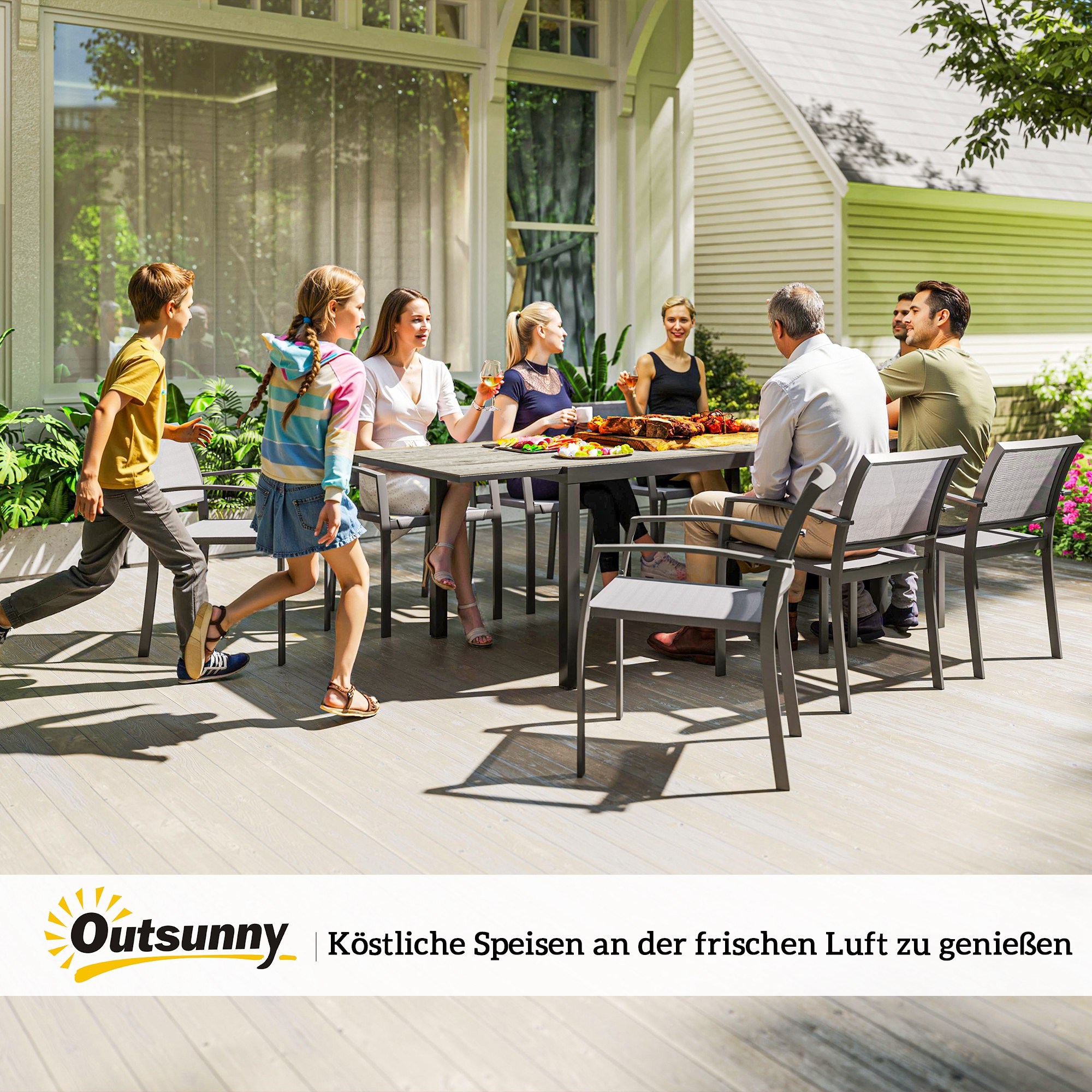 Ausziehbarer Esstisch für 6-8 Personen, Verstellbarer Outdoor-Tisch aus Aluminium, Stahl, Kunststoff, Holzoptik, Grau