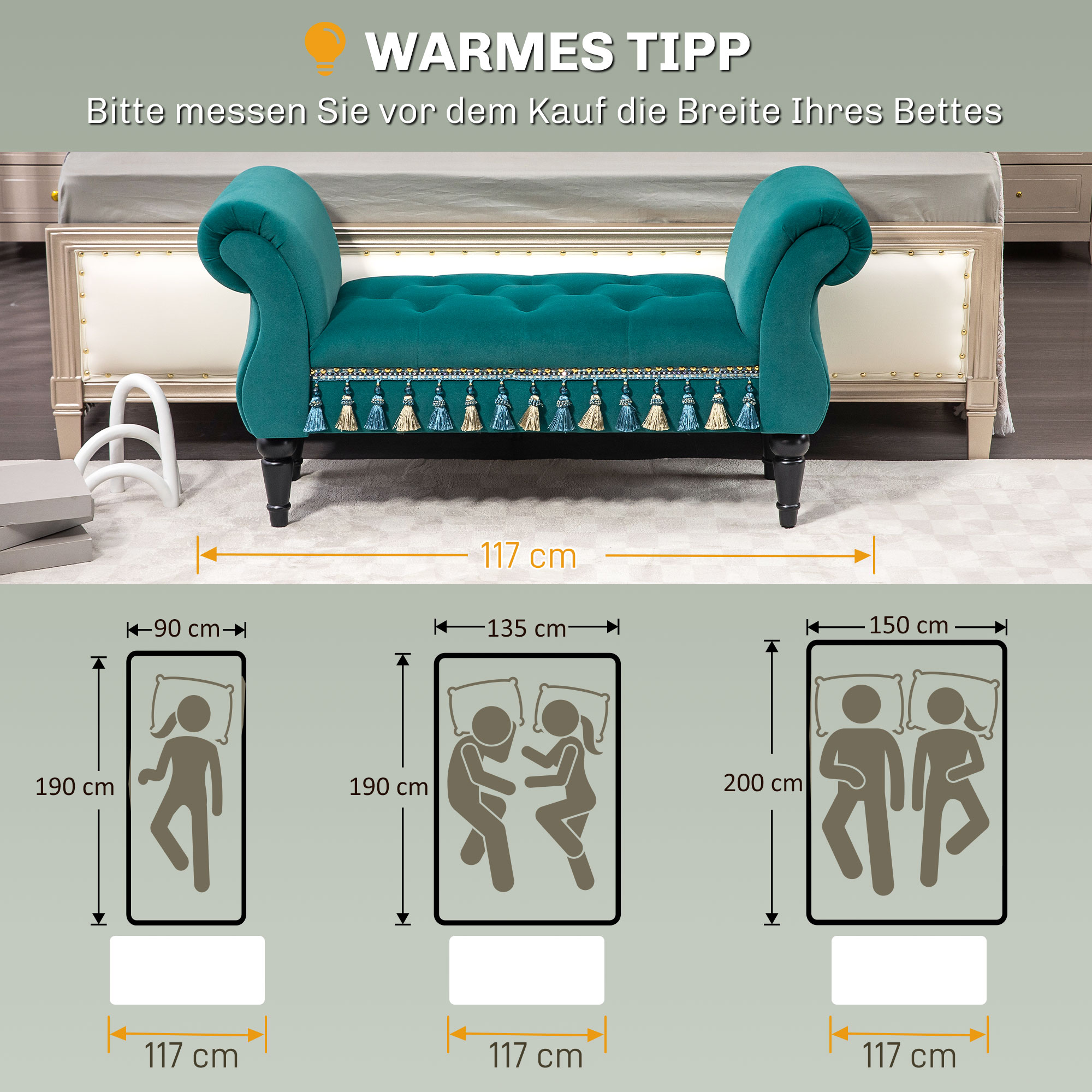 Polsterbank, Sitzbank, Vintage-Design, bis 150 kg, 117x40x58 cm, Grün